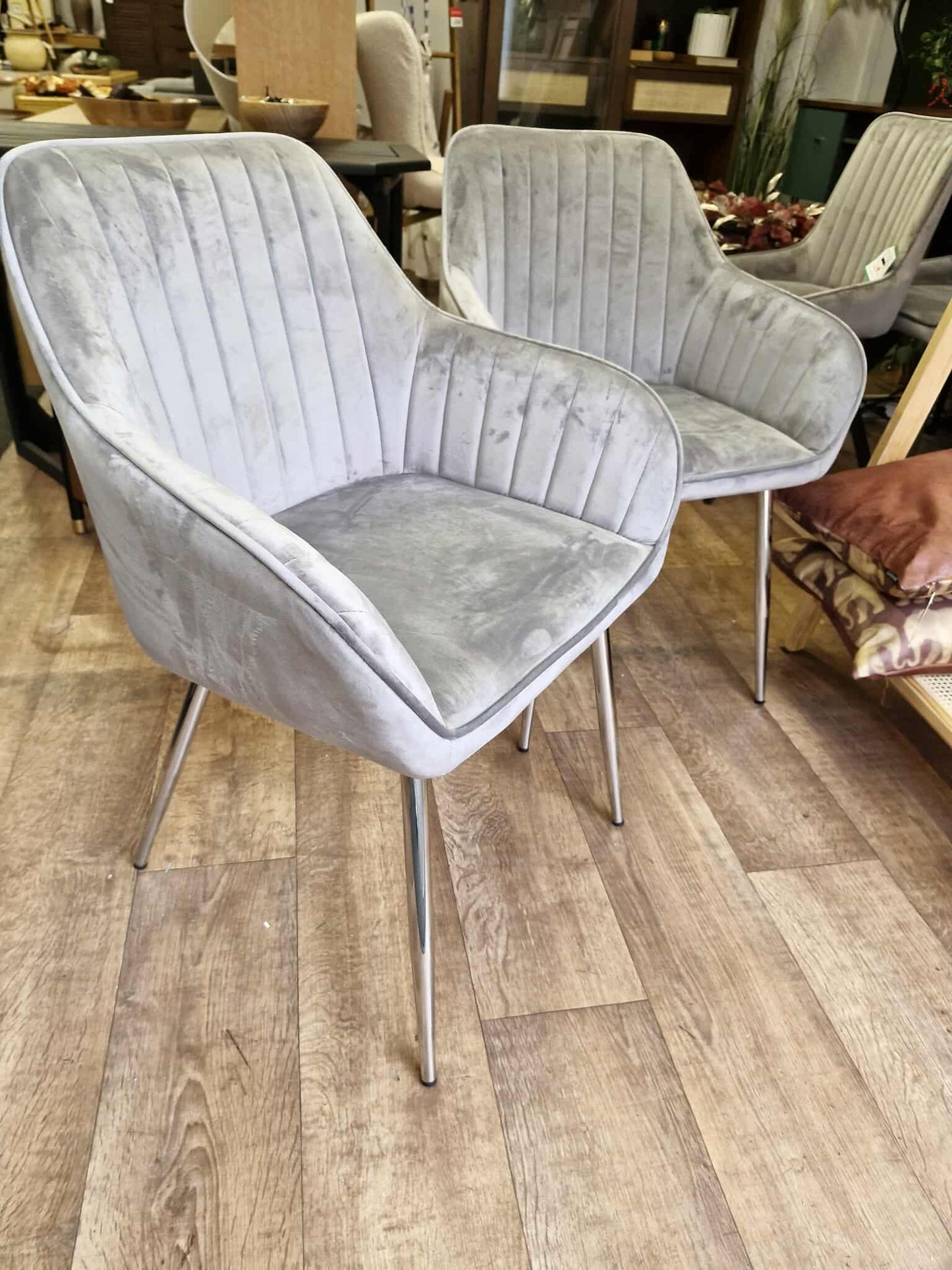 Grey Velvet and Silver Effect Metal Legs Dining Chairs / Set of 2
