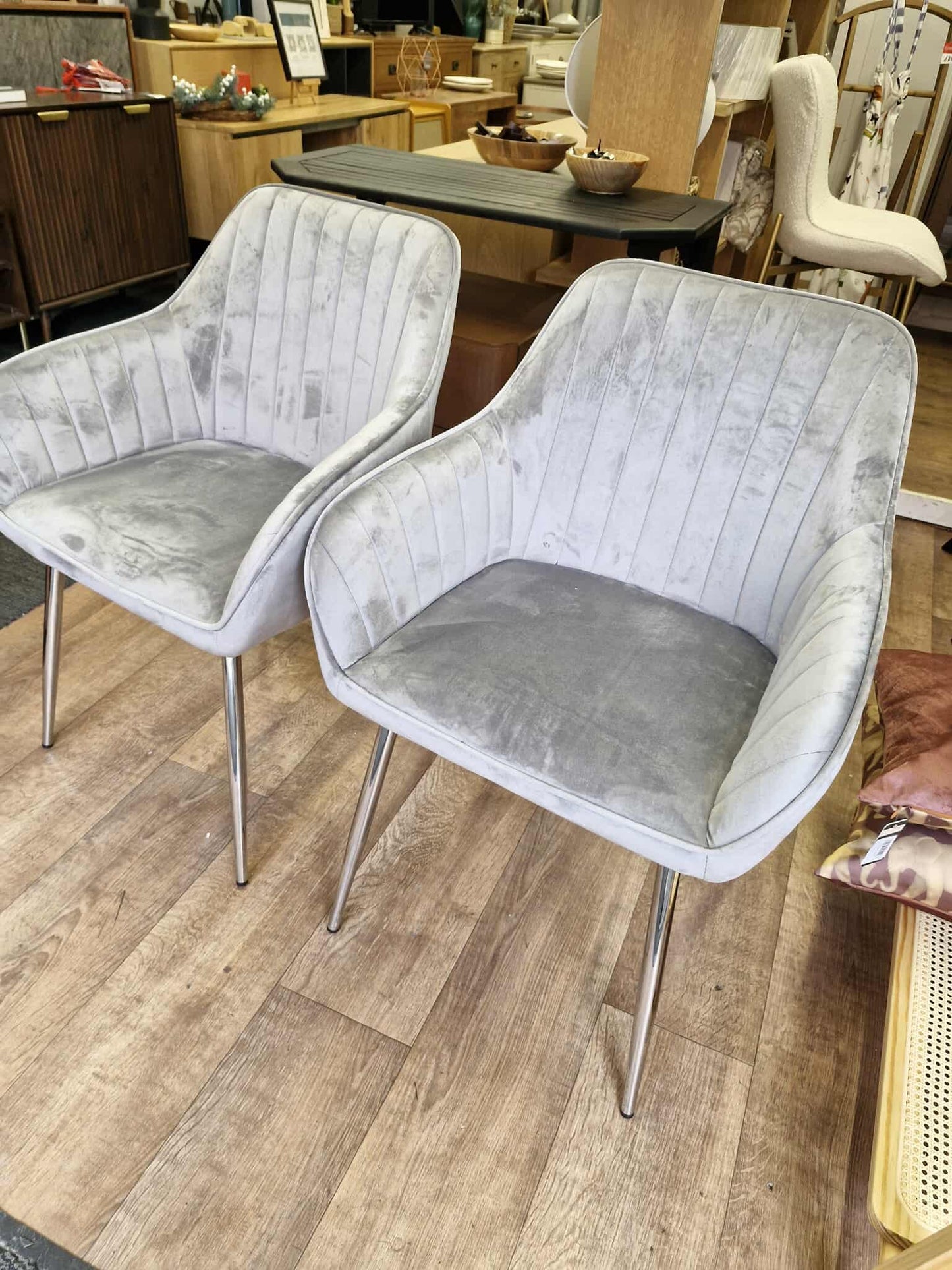Grey Velvet and Silver Effect Metal Legs Dining Chairs / Set of 2