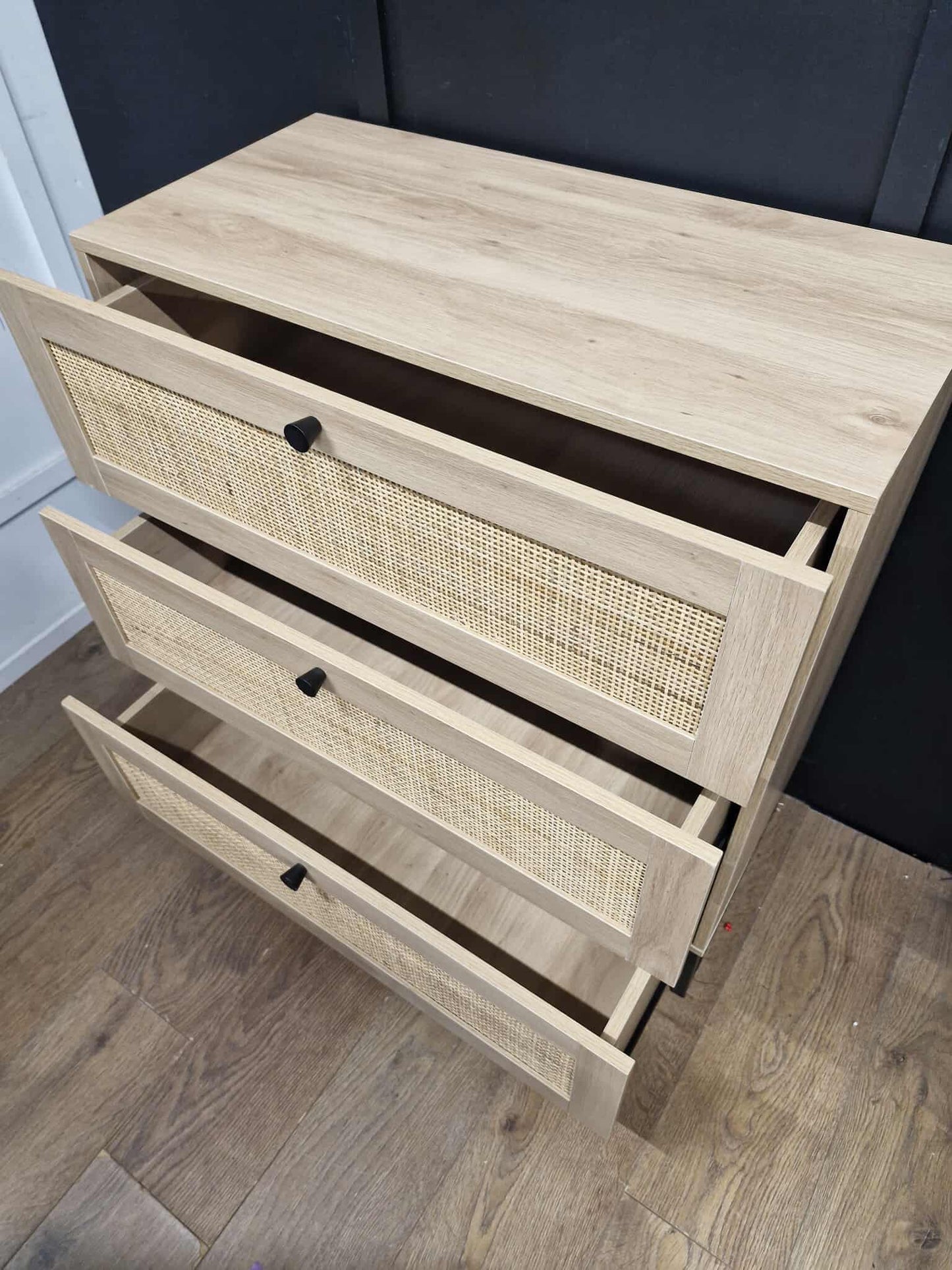 Oak Effect and Rattan Chest of 3 drawers with black metal legs