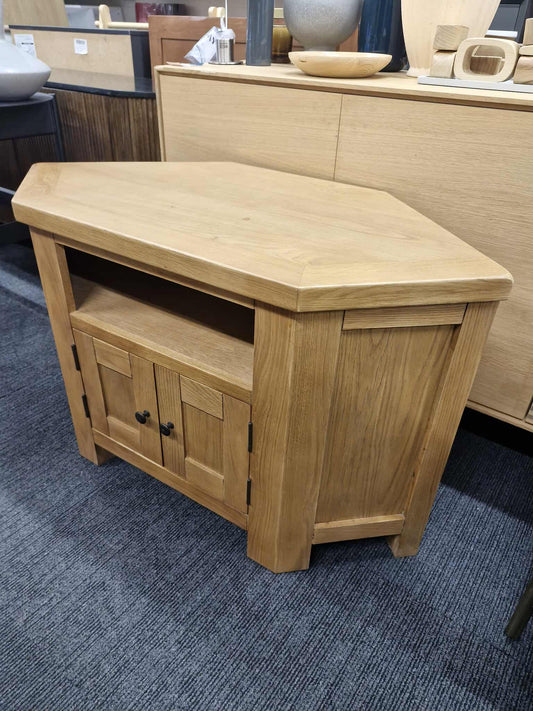 Rustic Oak Corner TV Stand with Dark Handles