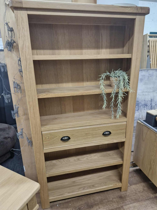 Tall Rustic Oak Bookcase with Drawer and Shelves