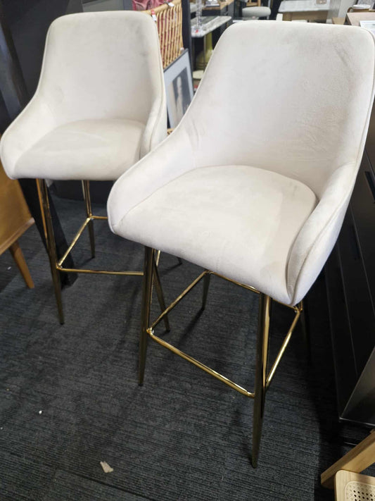 Cream Velvet and Gold Bar Stools / Set of 2