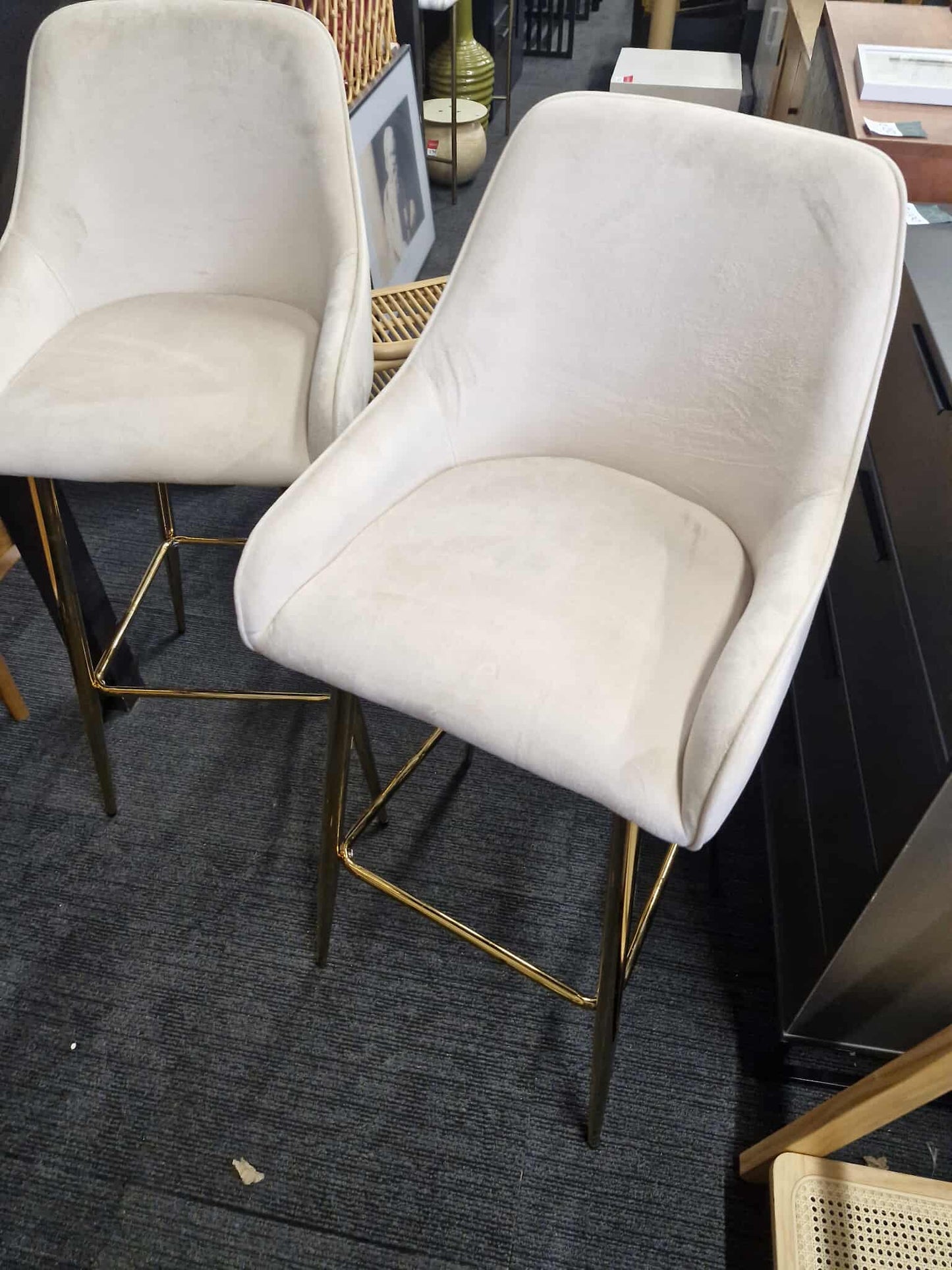 Cream Velvet and Gold Bar Stools / Set of 2