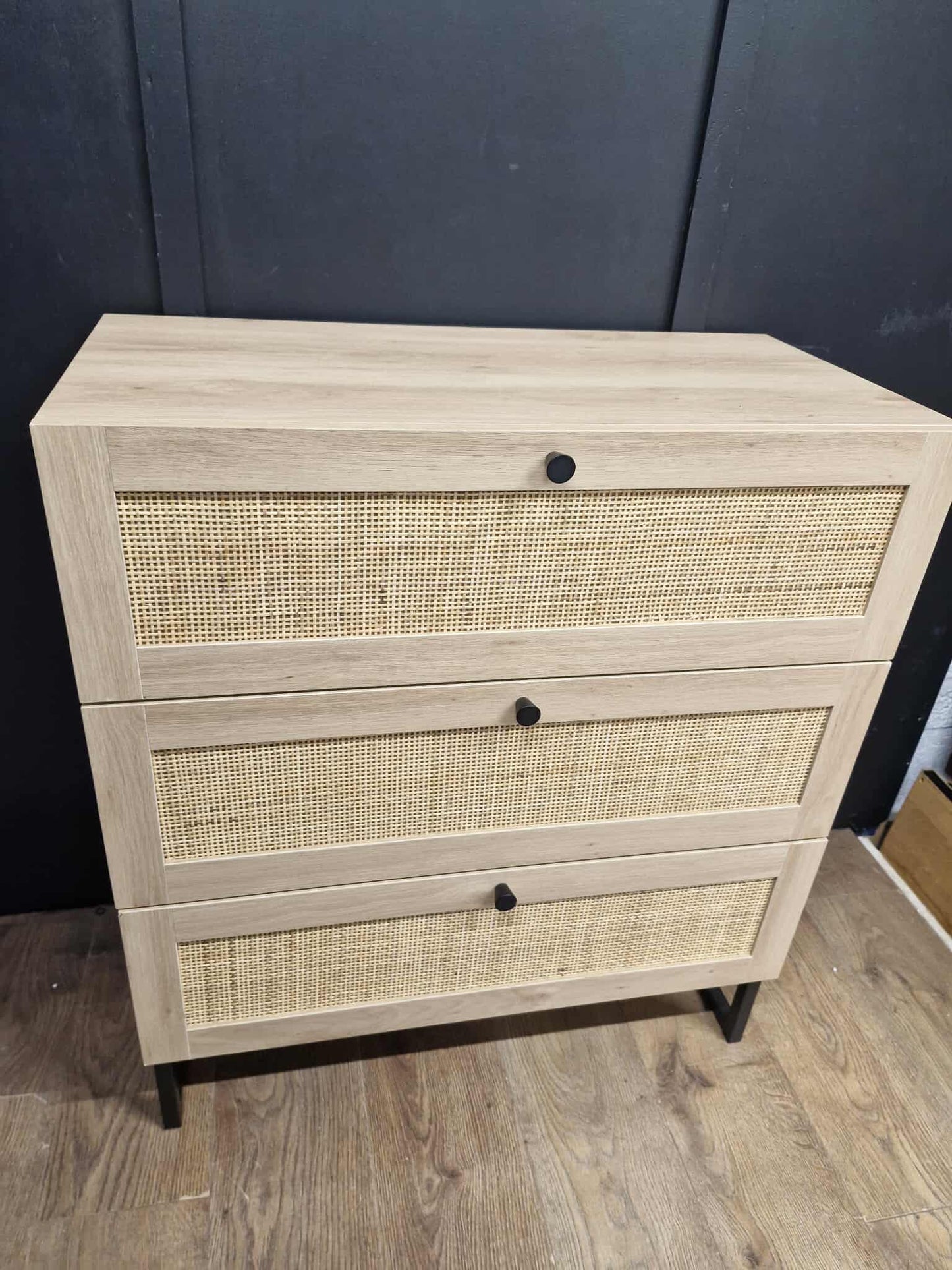 Oak Effect and Rattan Chest of 3 drawers with black metal legs