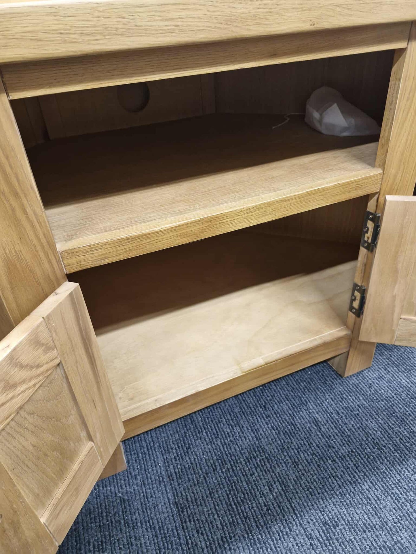 Rustic Oak Corner TV Stand with Dark Handles