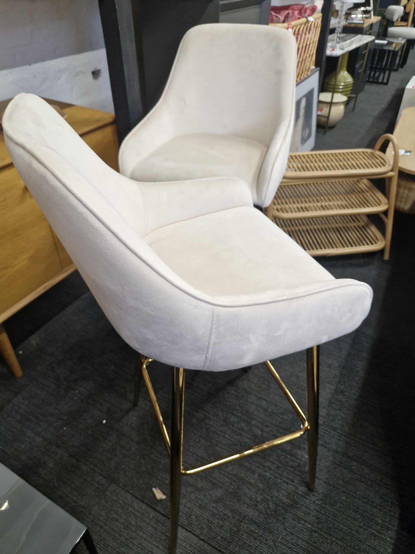 Cream Velvet and Gold Bar Stools / Set of 2