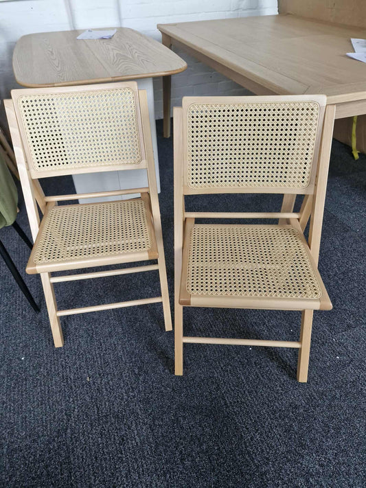 Wood and Rattan / Cane Folding Dining Chairs / Set of 2