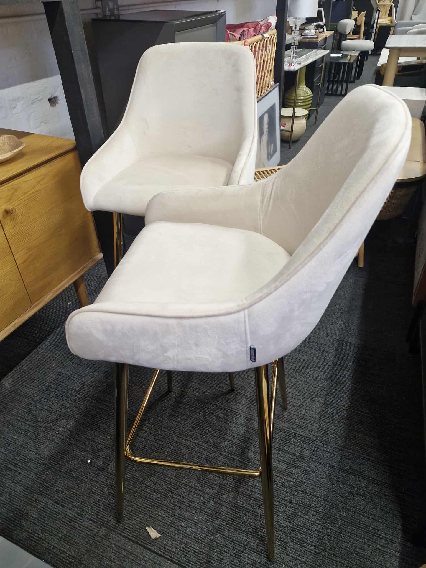 Cream Velvet and Gold Bar Stools / Set of 2