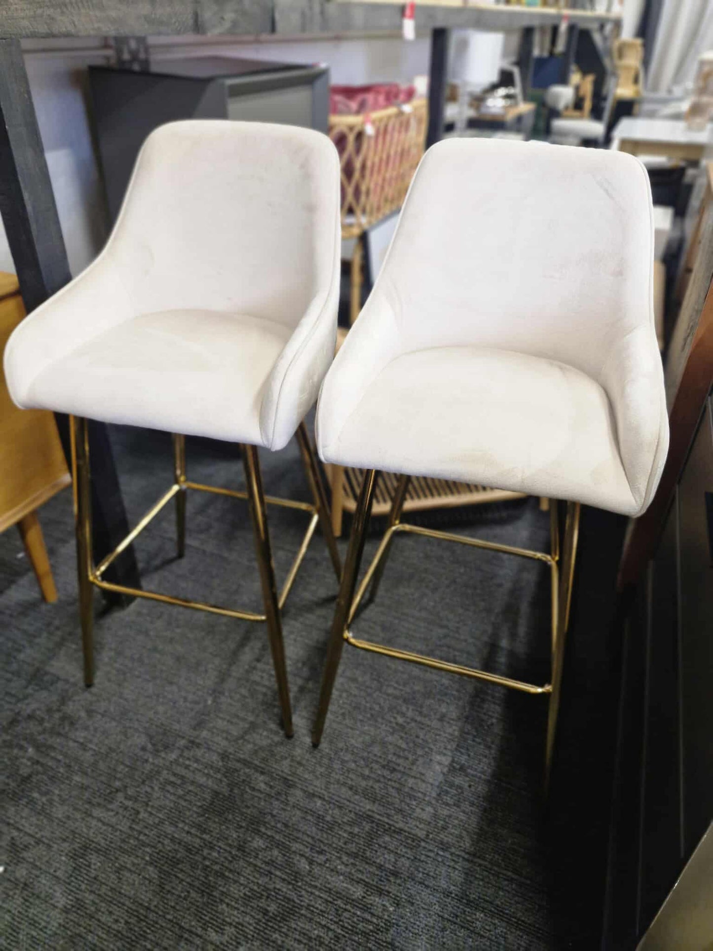 Cream Velvet and Gold Bar Stools / Set of 2