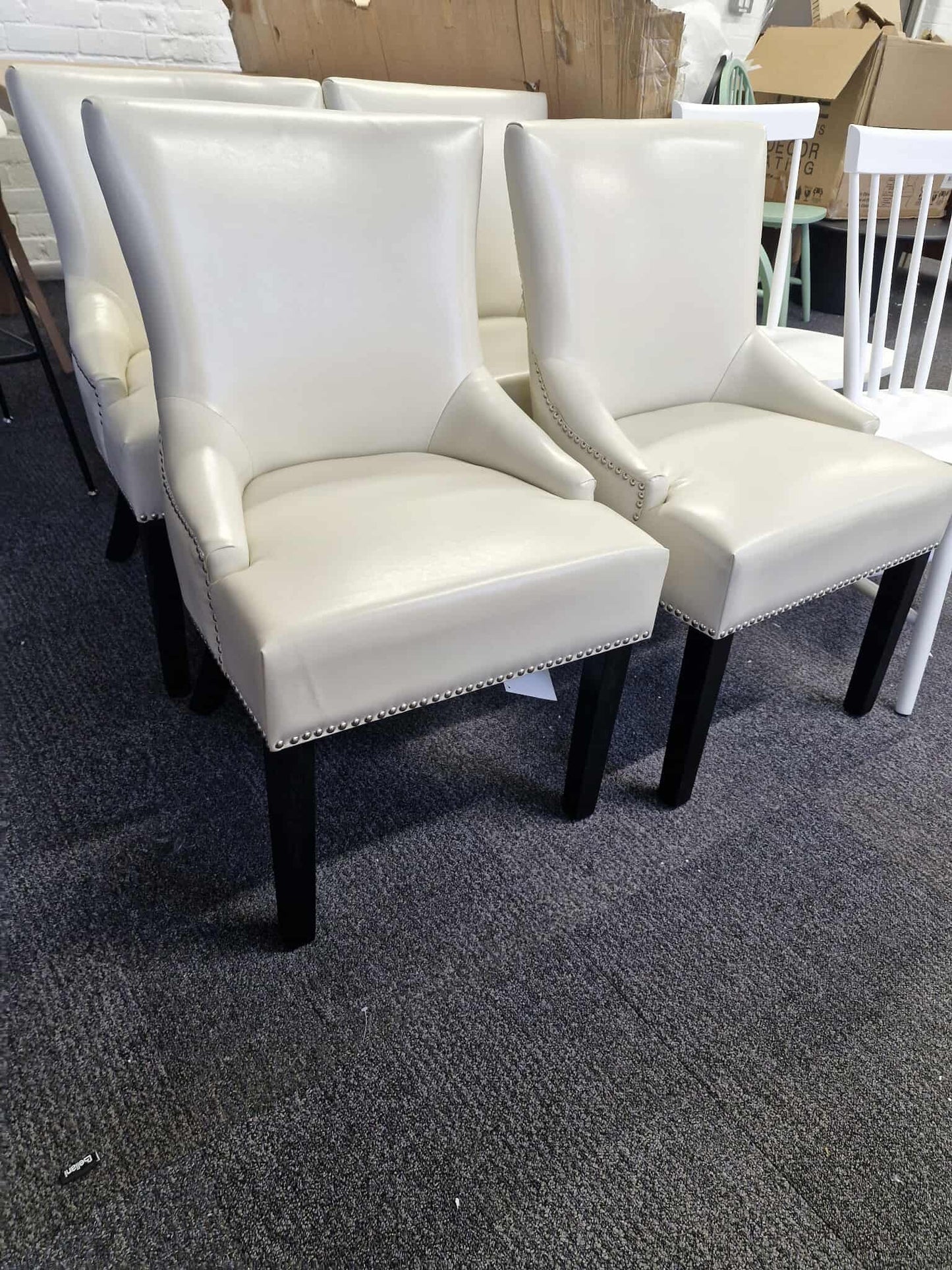 Cream Faux Leather, Studs and Black Legs / Set of 4 Dining Chairs