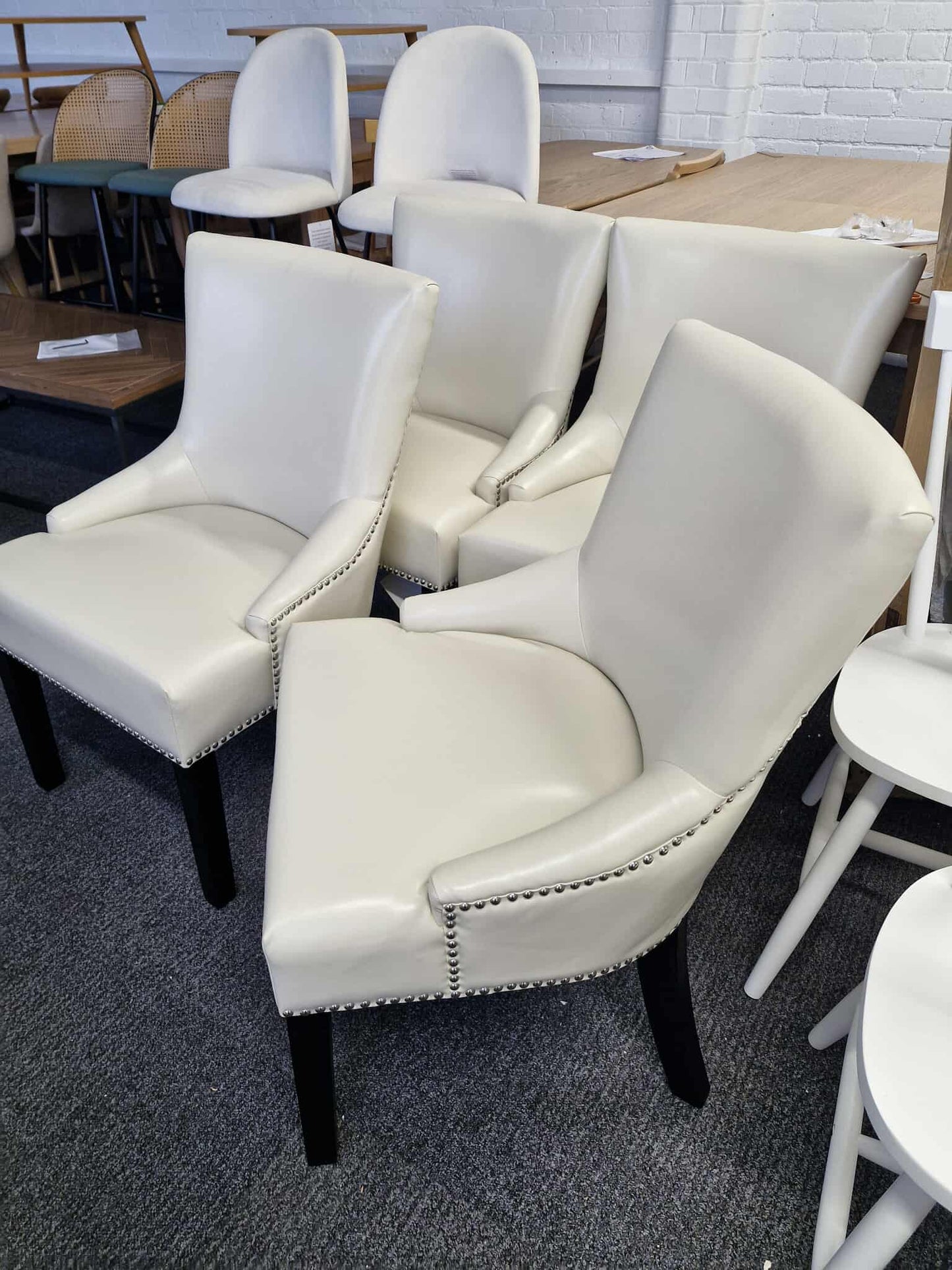 Cream Faux Leather, Studs and Black Legs / Set of 4 Dining Chairs