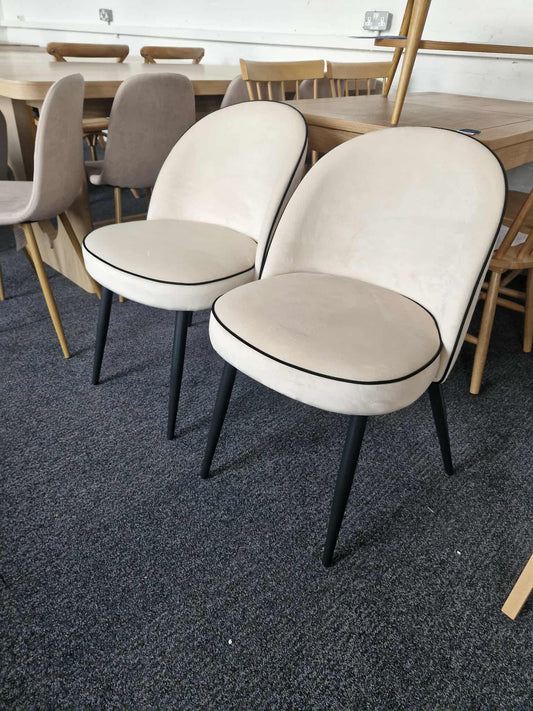 Dining Chairs Set of 2 / Off White Velvet with Black Piping and Black Legs
