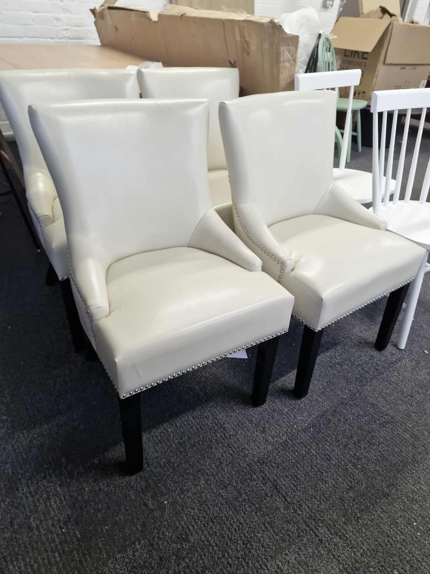 Cream Faux Leather, Studs and Black Legs / Set of 4 Dining Chairs