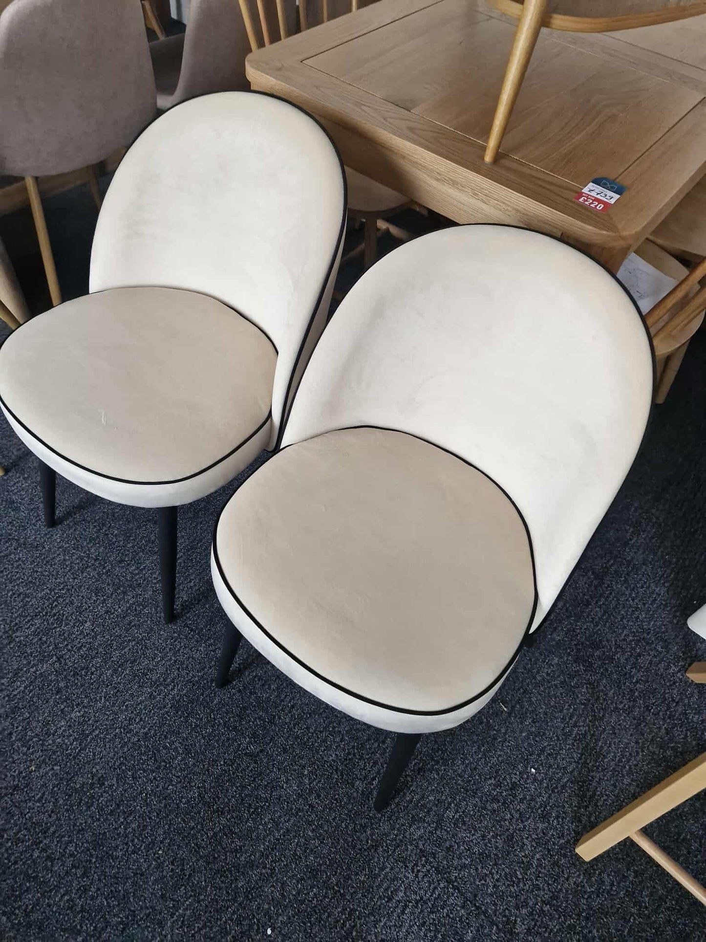 Dining Chairs Set of 2 / Off White Velvet with Black Piping and Black Legs