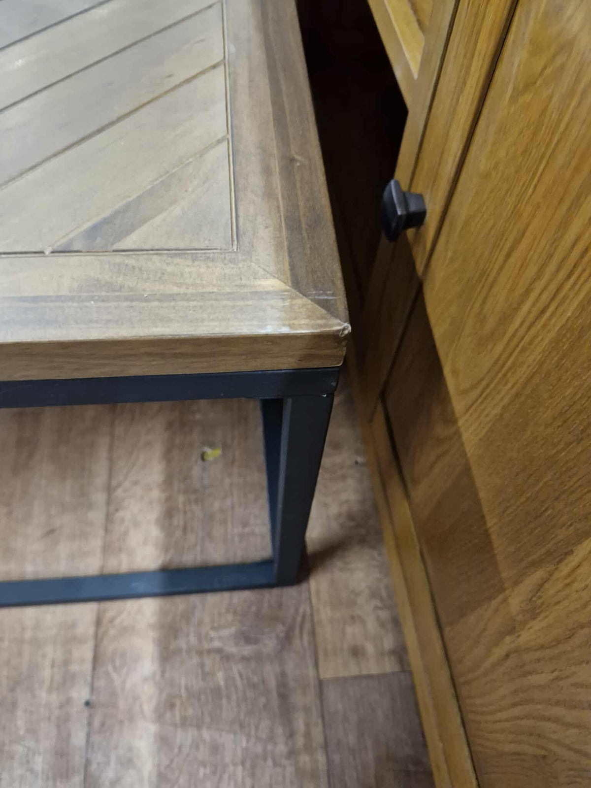 Coffee Table Herringbone Parquet, Solid Pine and Metal