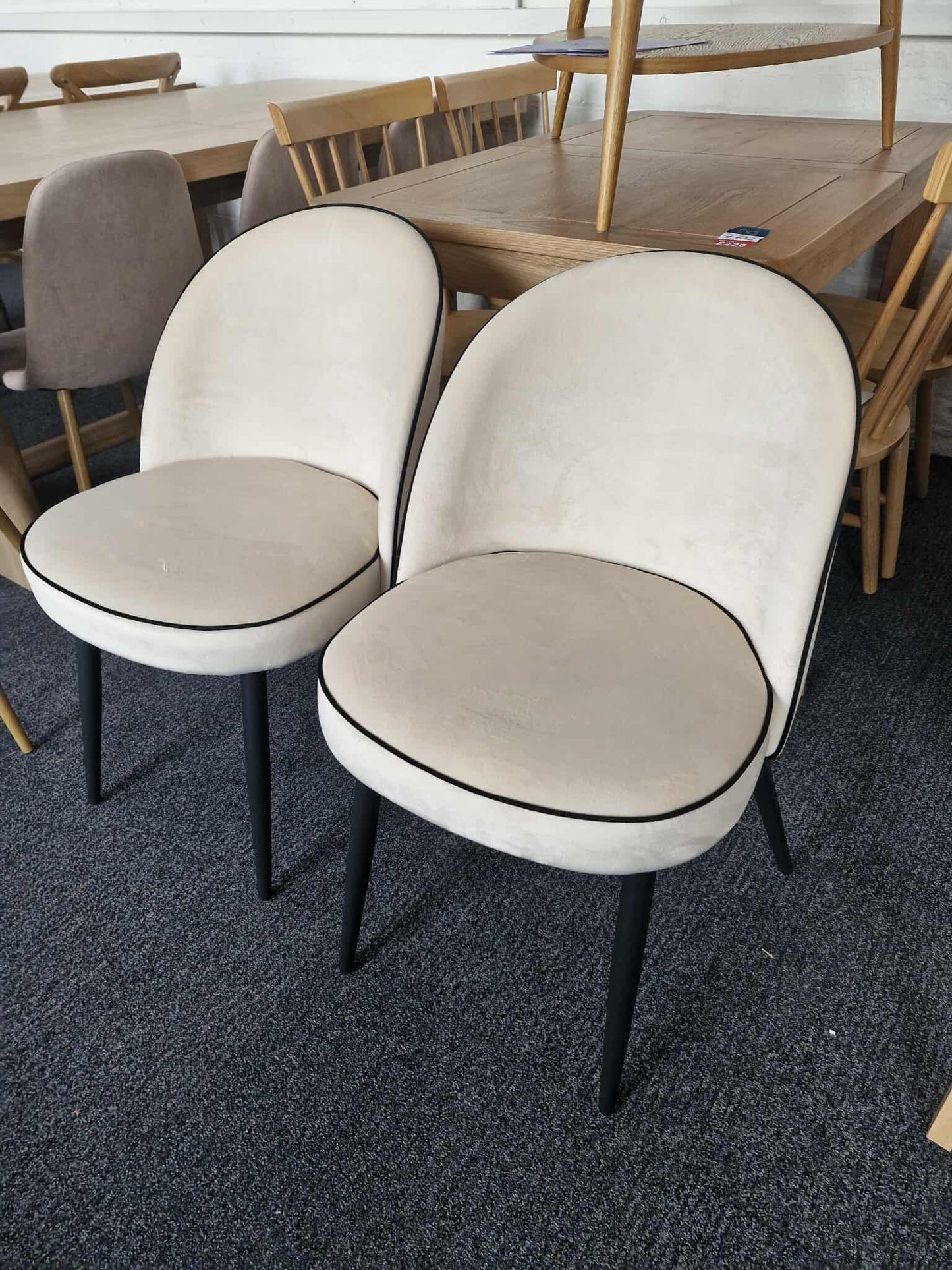 Dining Chairs Set of 2 / Off White Velvet with Black Piping and Black Legs
