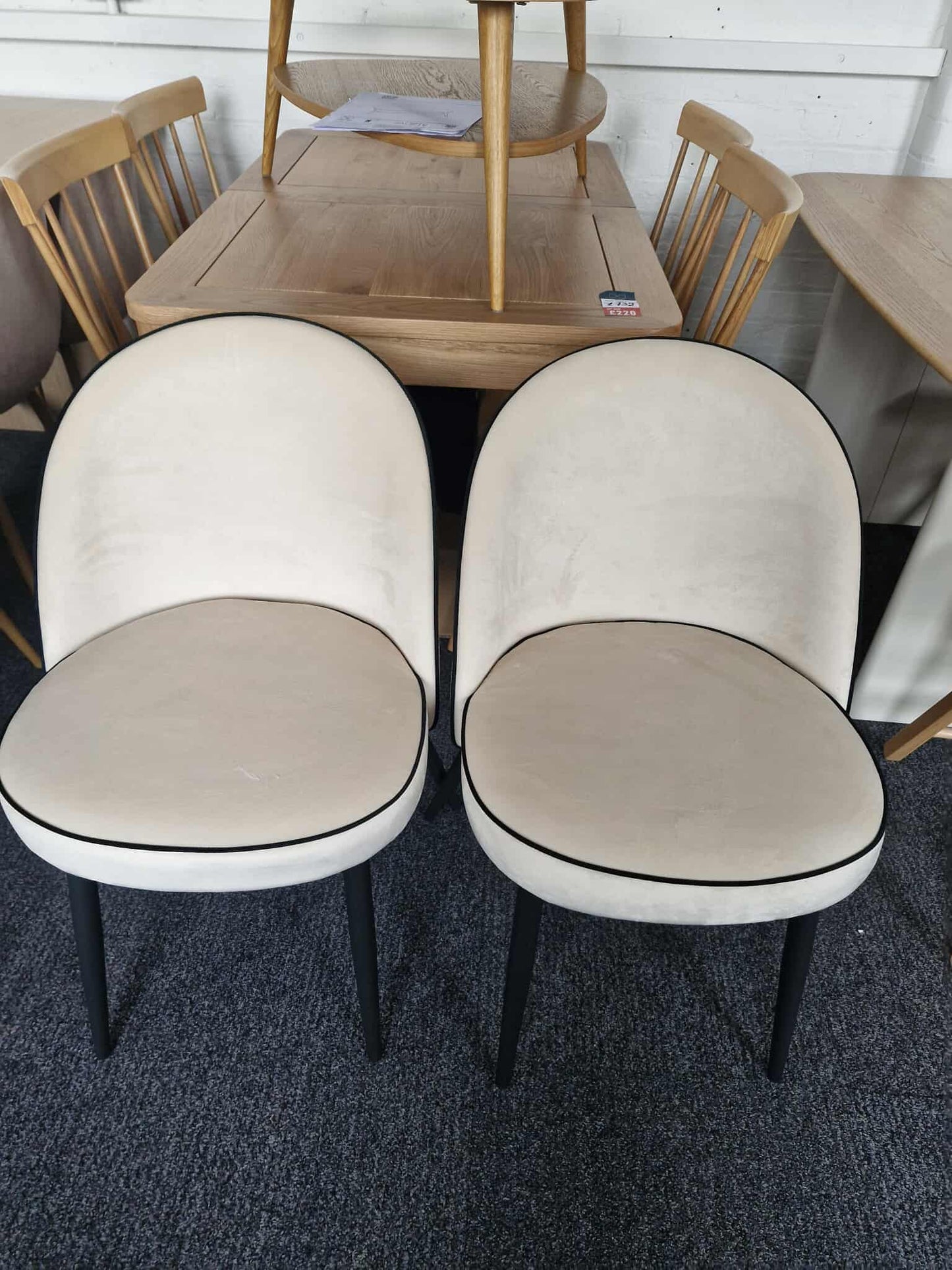 Dining Chairs Set of 2 / Off White Velvet with Black Piping and Black Legs