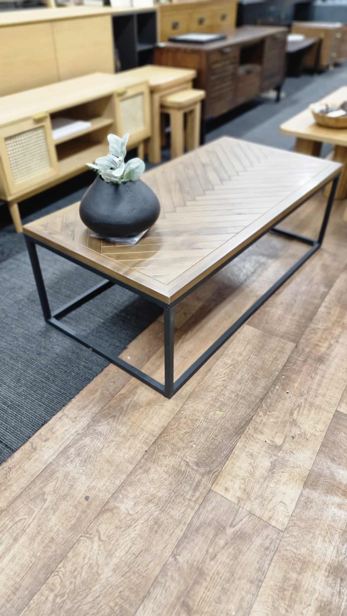 Coffee Table Herringbone Parquet, Solid Pine and Metal