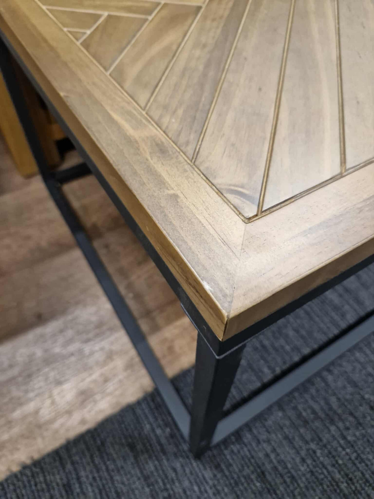 Coffee Table Herringbone Parquet, Solid Pine and Metal
