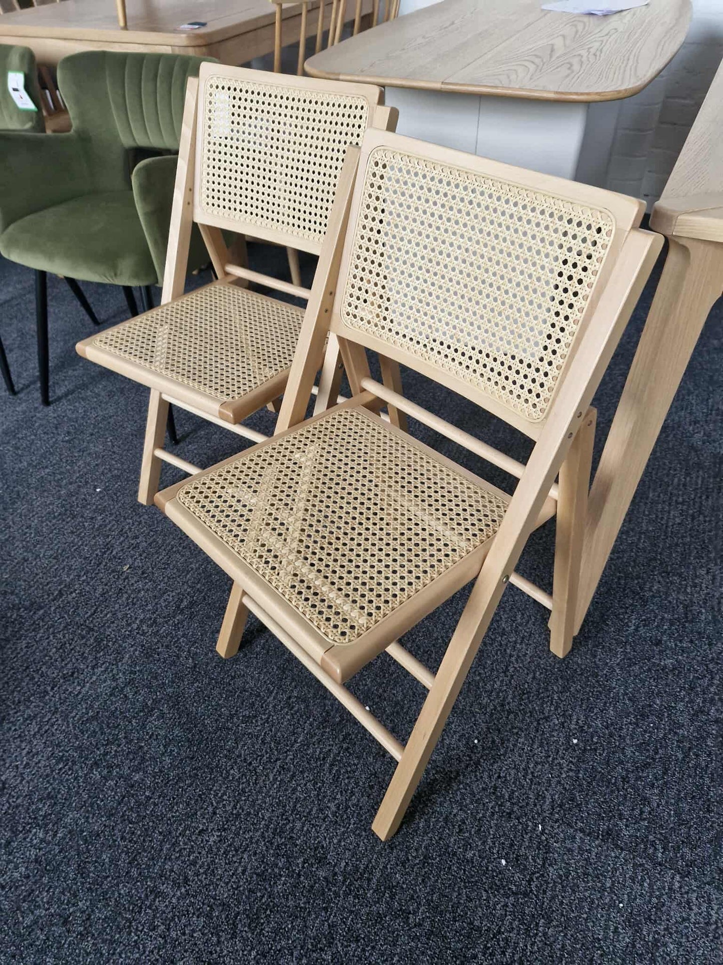 Wood and Rattan / Cane Folding Dining Chairs / Set of 2