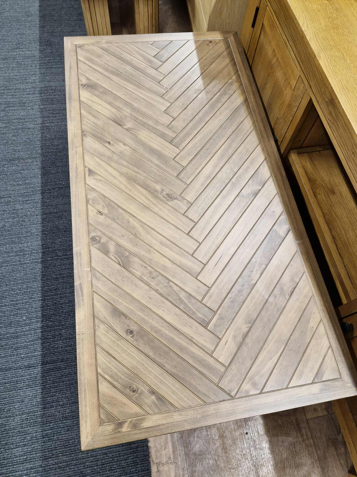 Coffee Table Herringbone Parquet, Solid Pine and Metal