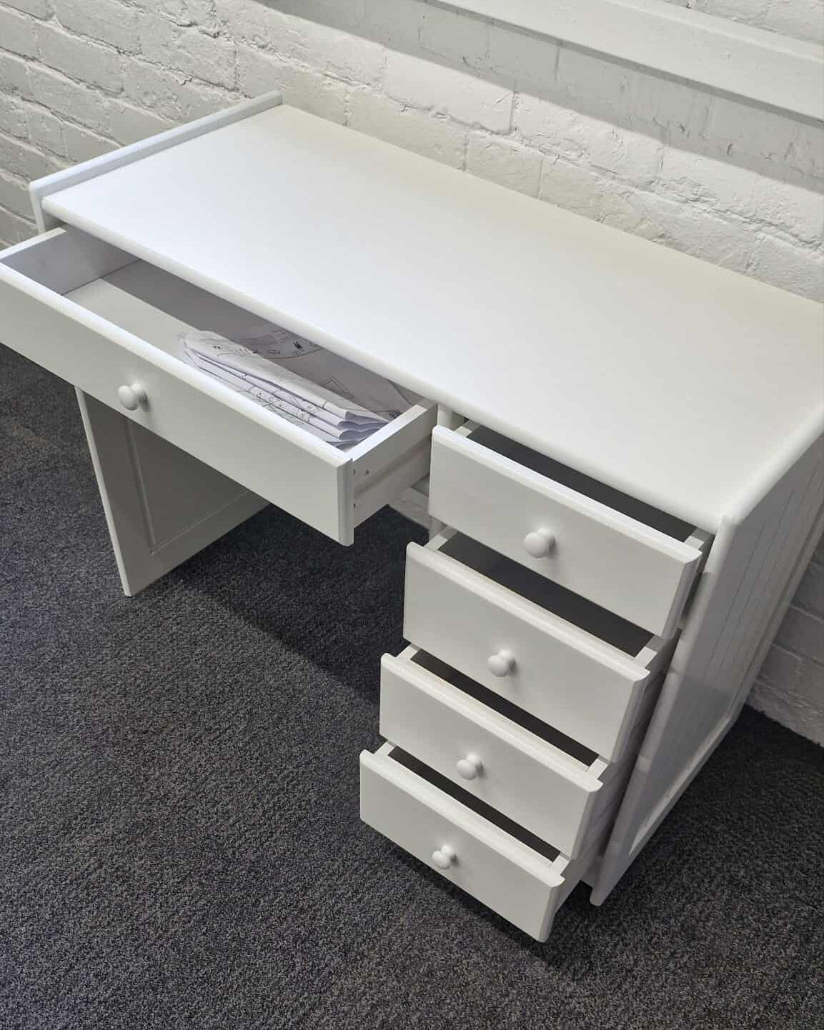 White Solid Wood Large Desk with Storage Drawers