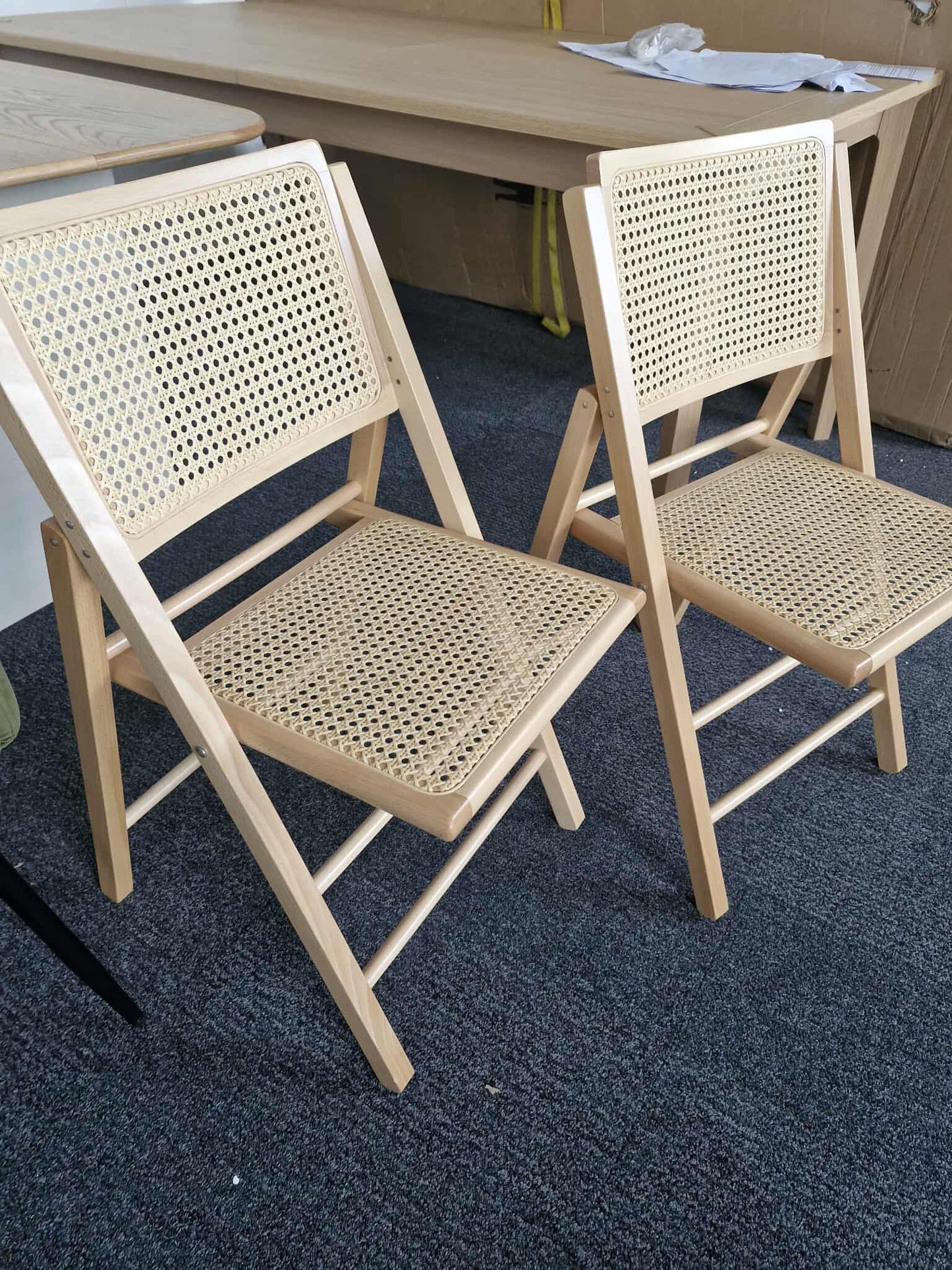 Wood and Rattan / Cane Folding Dining Chairs / Set of 2