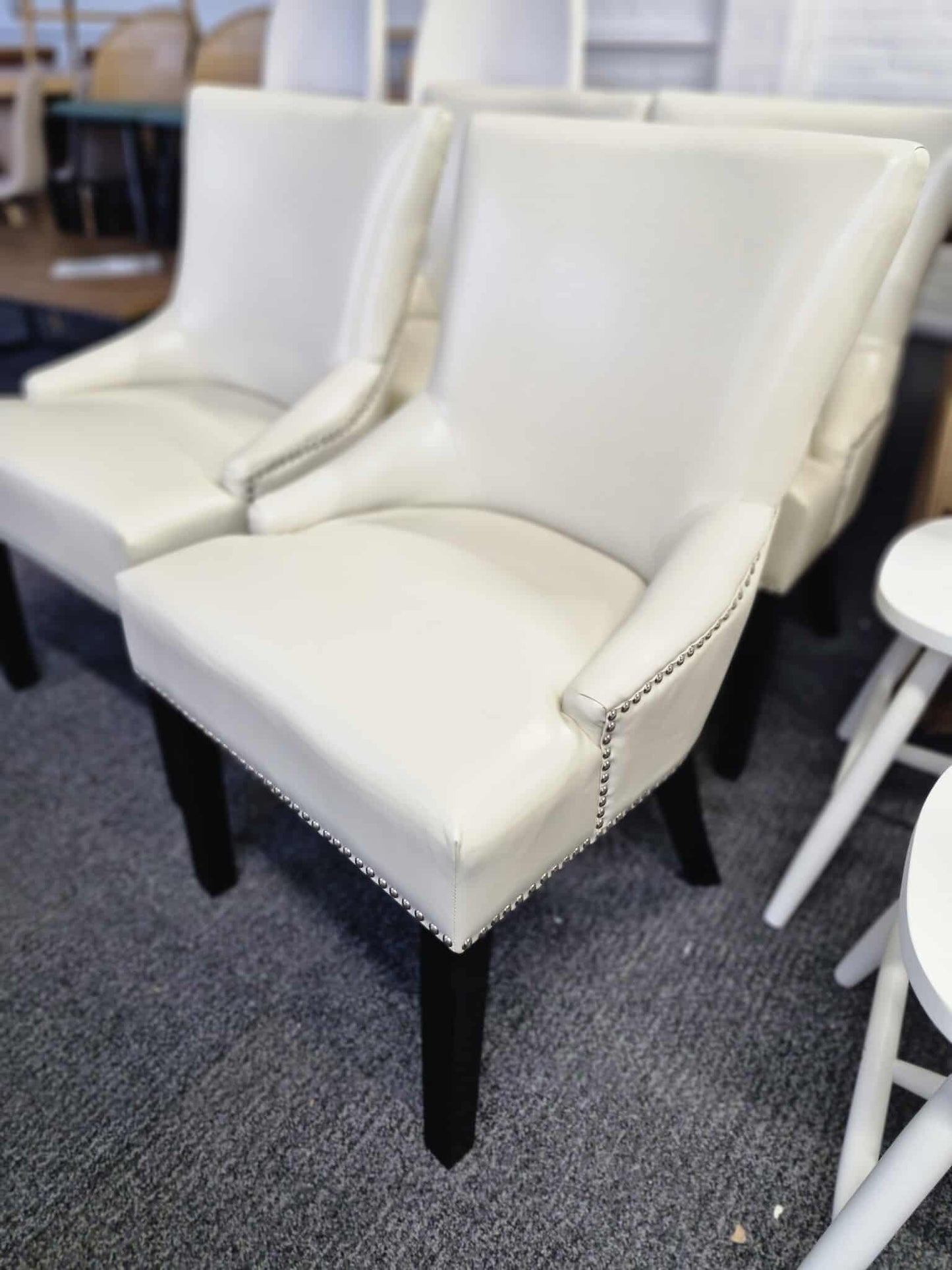 Cream Faux Leather, Studs and Black Legs / Set of 4 Dining Chairs