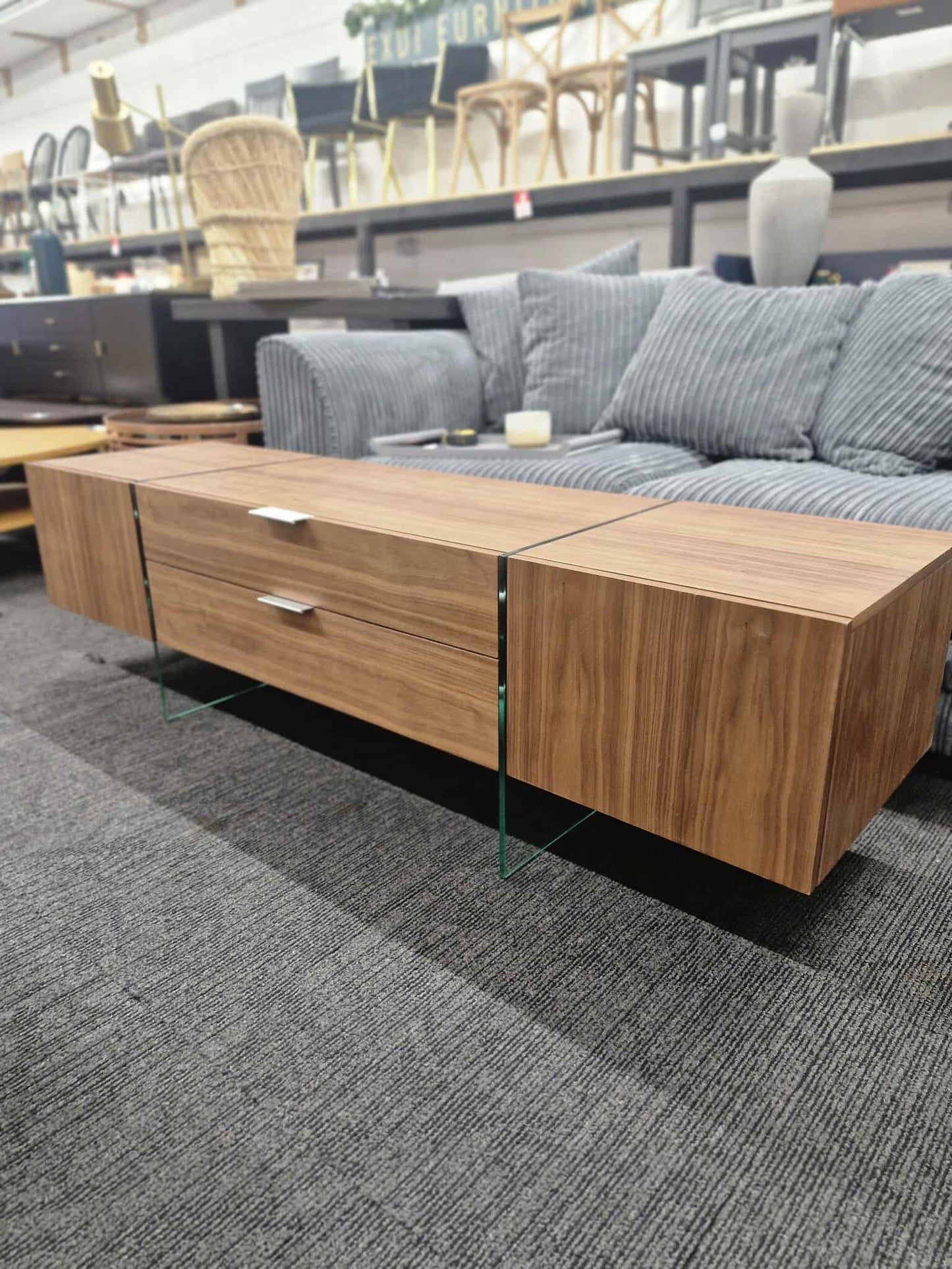 TV UNIT WALNUT BROWN & GLASS CABINET FLOATING WOODEN STYLE STAND