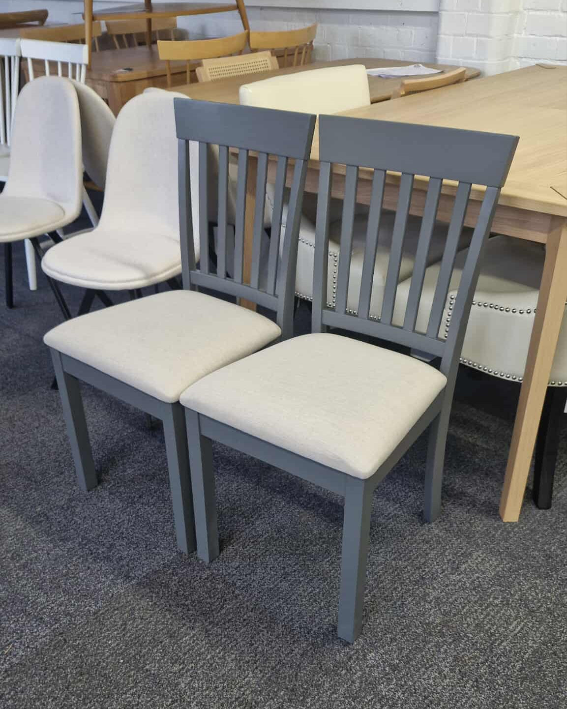 Slatted Dining Chair with Padded Seat, Set of 2, Grey