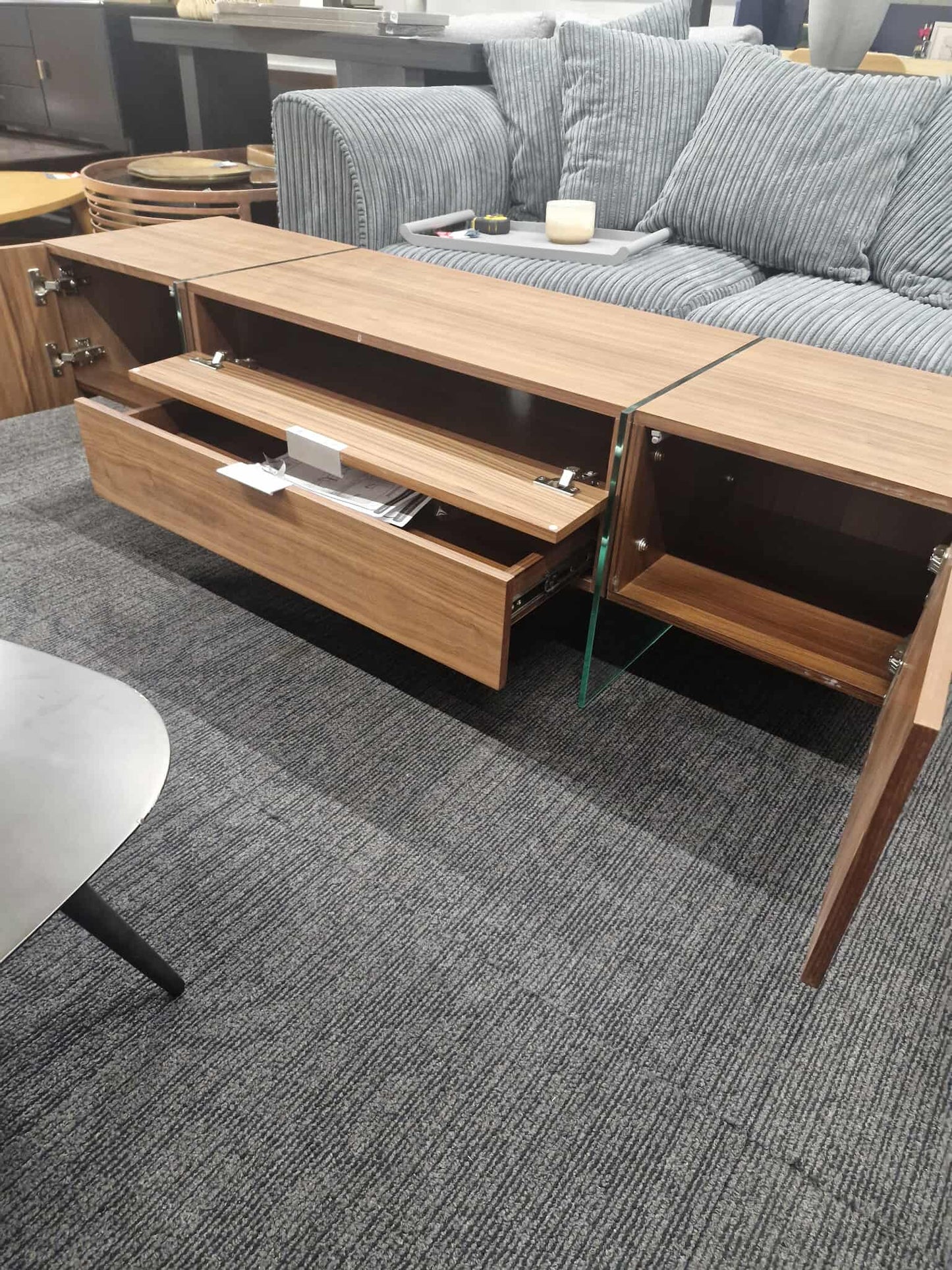 TV UNIT WALNUT BROWN & GLASS CABINET FLOATING WOODEN STYLE STAND