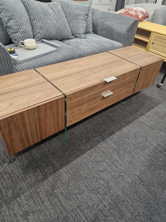 TV UNIT WALNUT BROWN & GLASS CABINET FLOATING WOODEN STYLE STAND