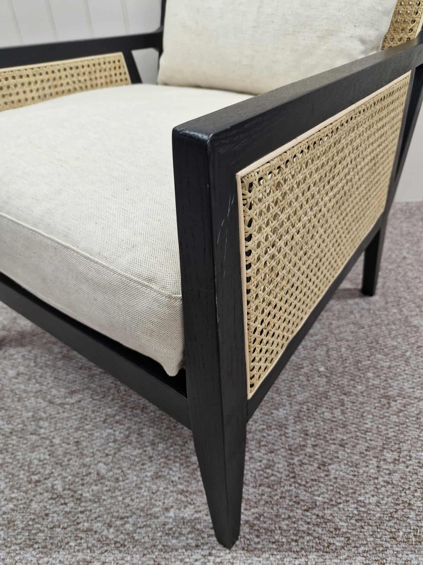 Black and Rattan Armchair with Linen Look Cushions