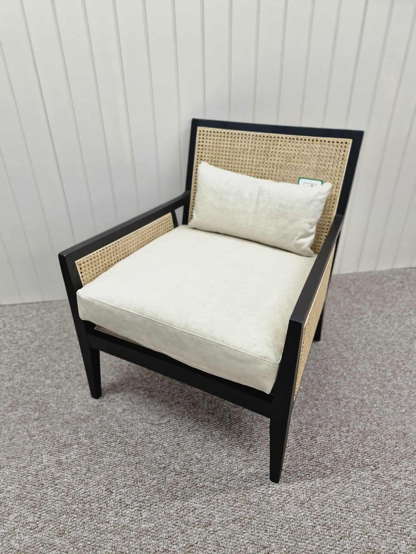Black and Rattan Armchair with Linen Look Cushions