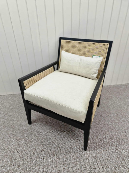 Black and Rattan Armchair with Linen Look Cushions