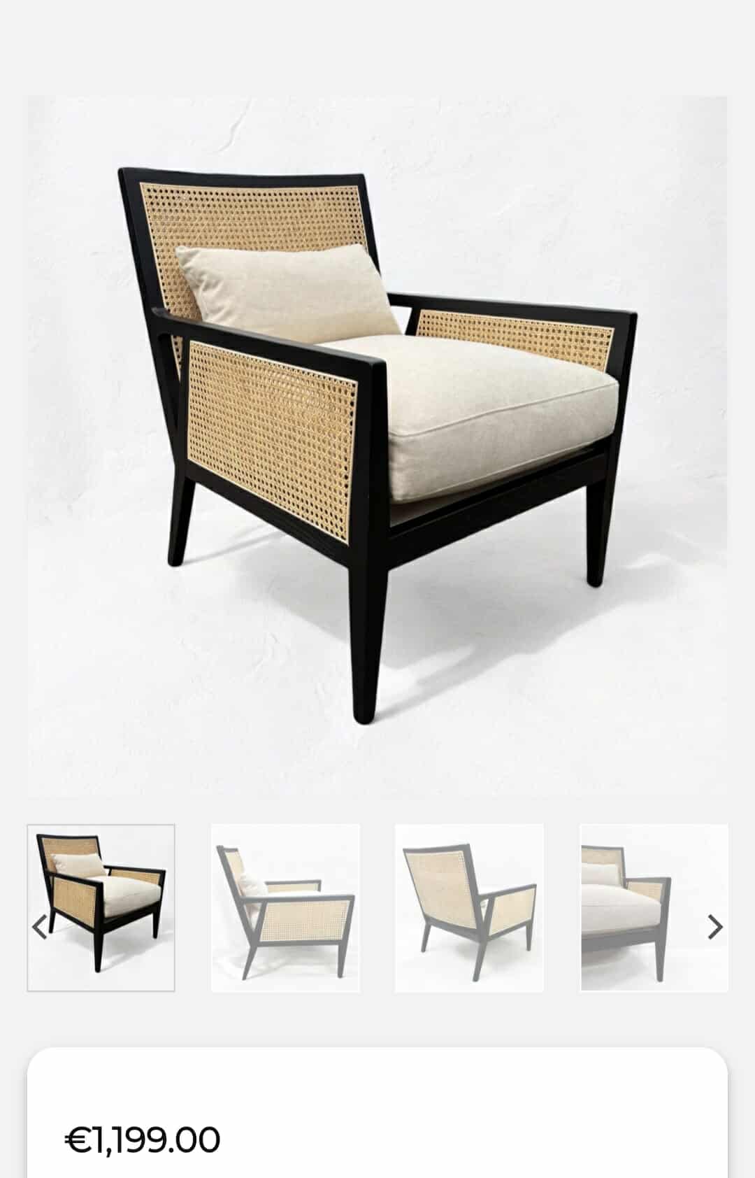 Black and Rattan Armchair with Linen Look Cushions