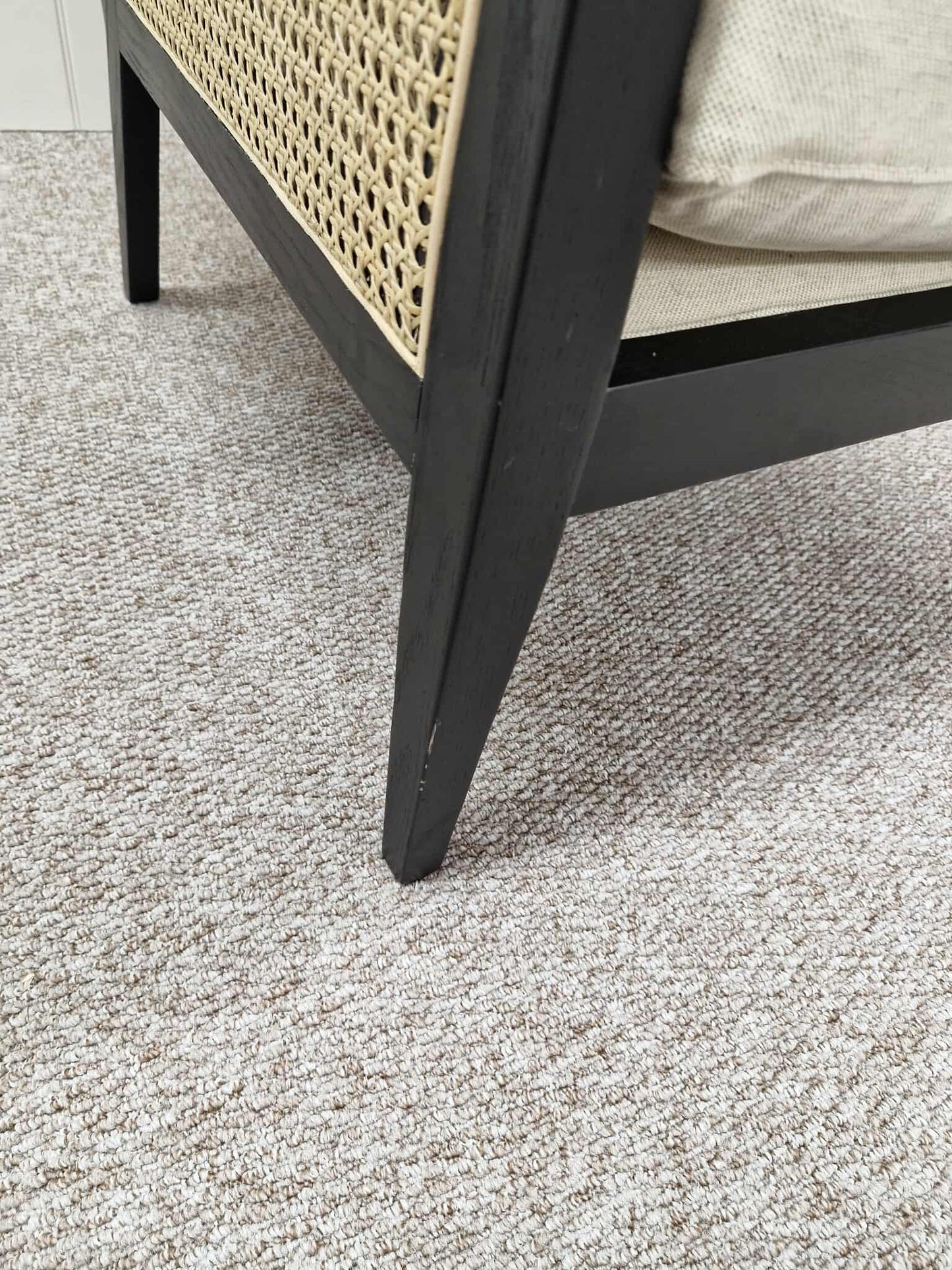 Black and Rattan Armchair with Linen Look Cushions