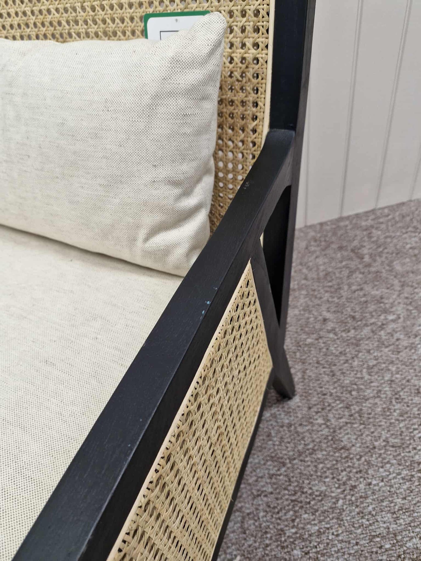Black and Rattan Armchair with Linen Look Cushions