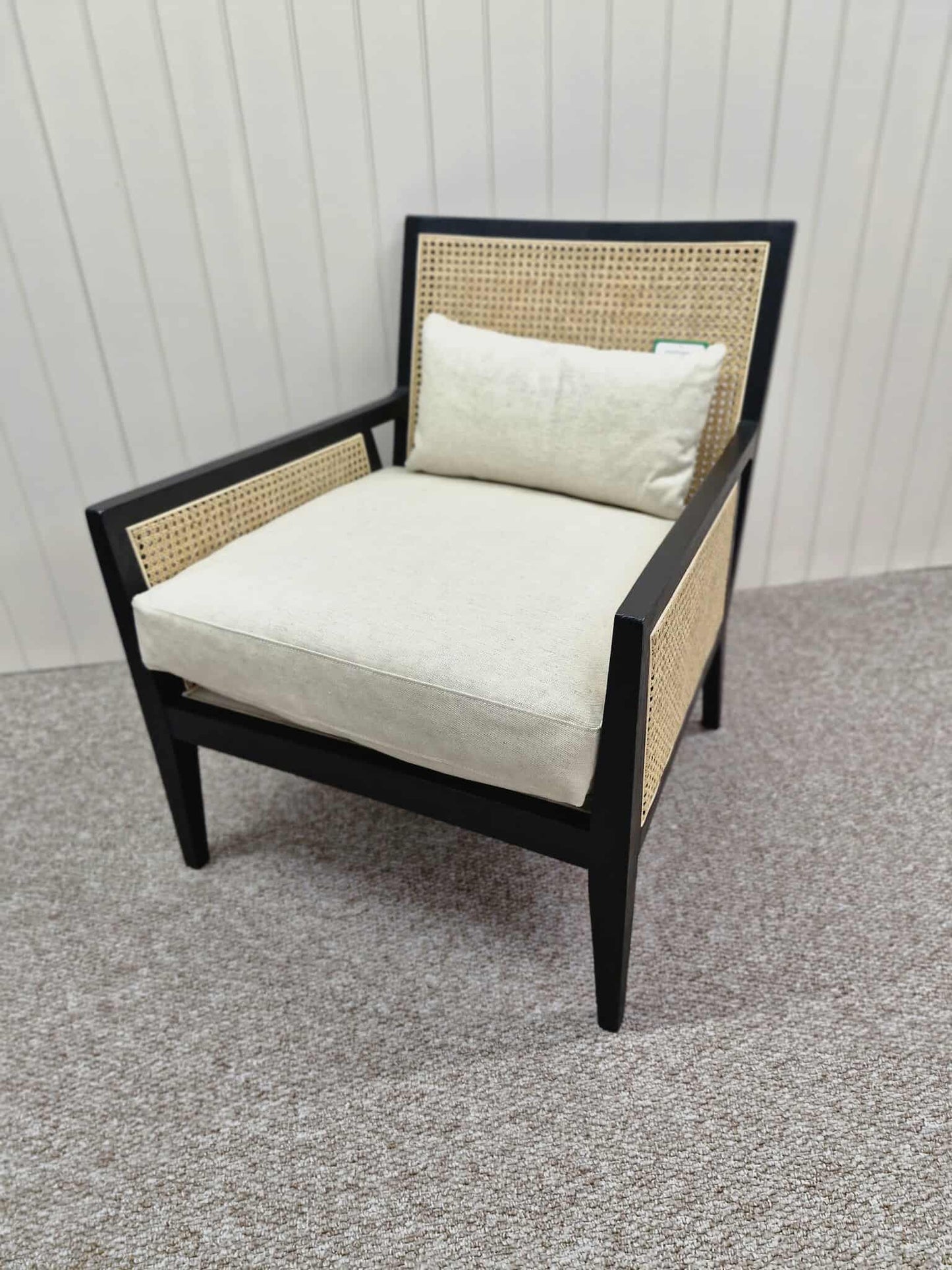 Black and Rattan Armchair with Linen Look Cushions