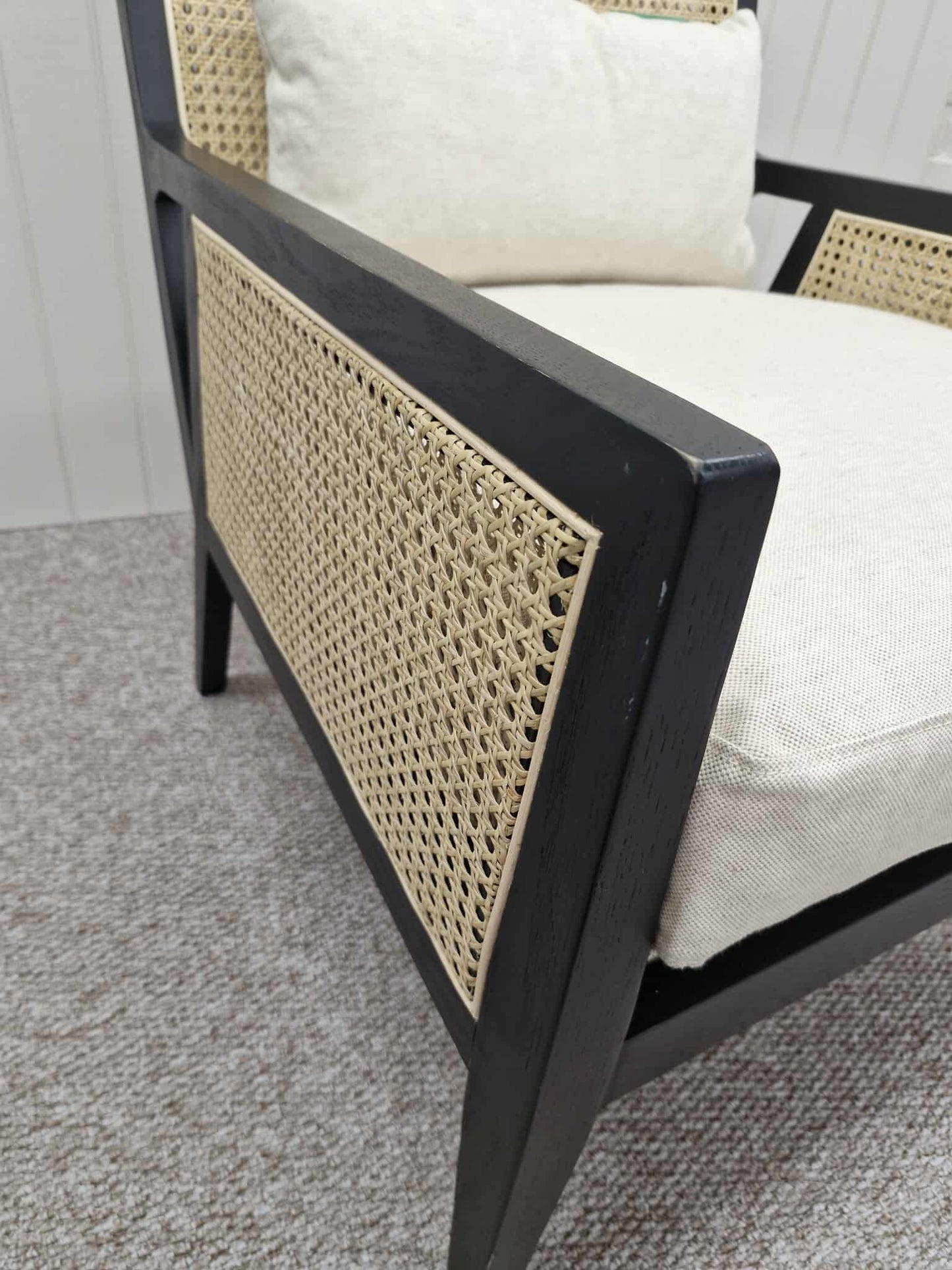 Black and Rattan Armchair with Linen Look Cushions