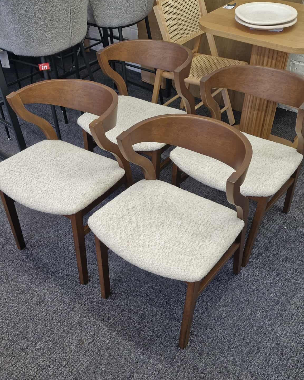 Dark wood and Beige Boucle Dining Chairs / Set of 4