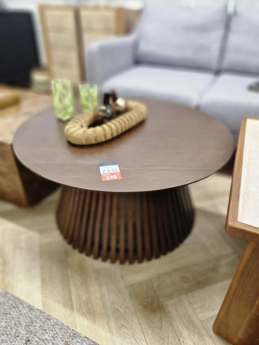 Dark wood Round Coffee Table with slatted base – ExdiFurniture