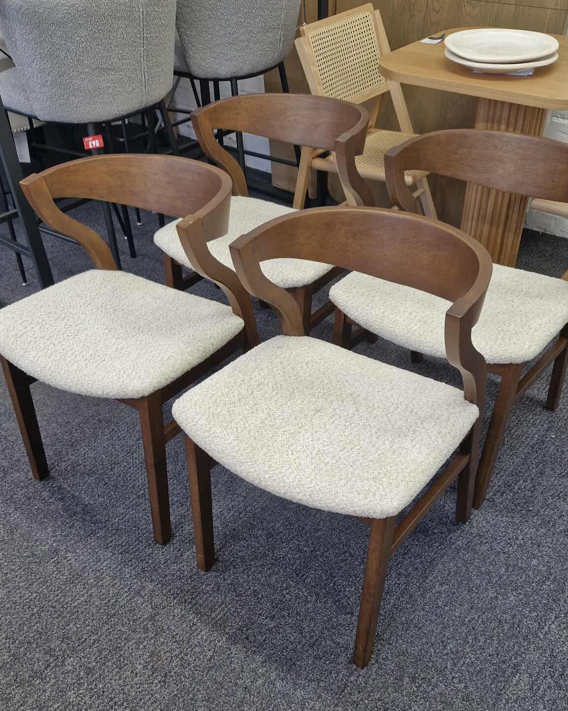 Dark wood and Beige Boucle Dining Chairs / Set of 4
