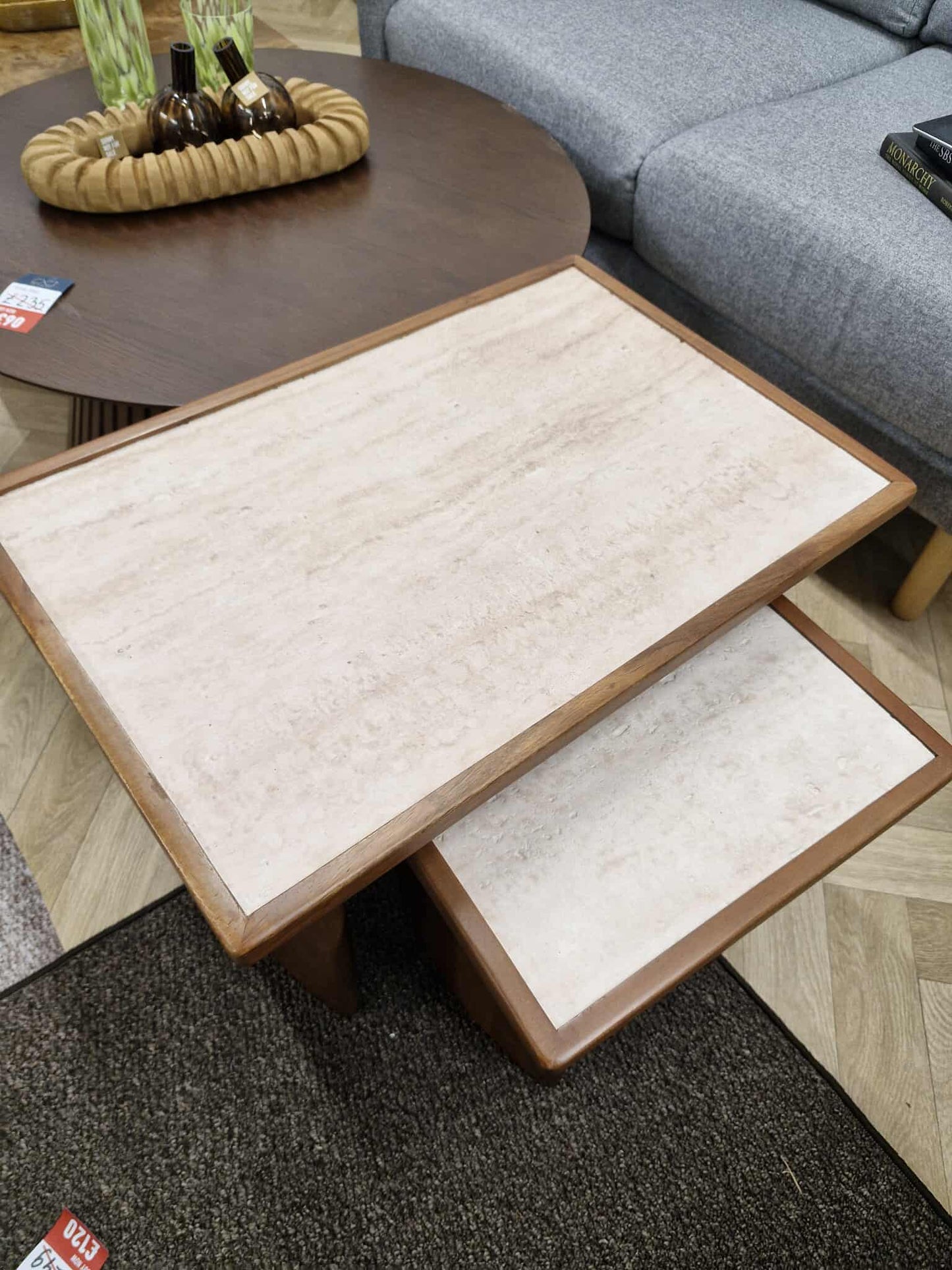 Nest of Tables / Solid Acacia wood and Travertine