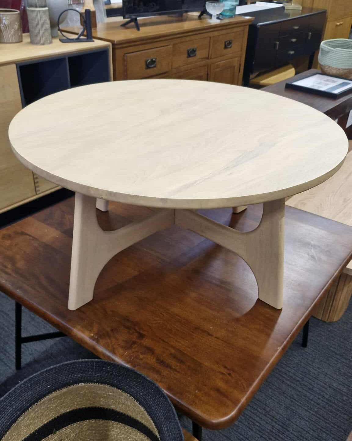 Washed Light Wood Round Coffee Table