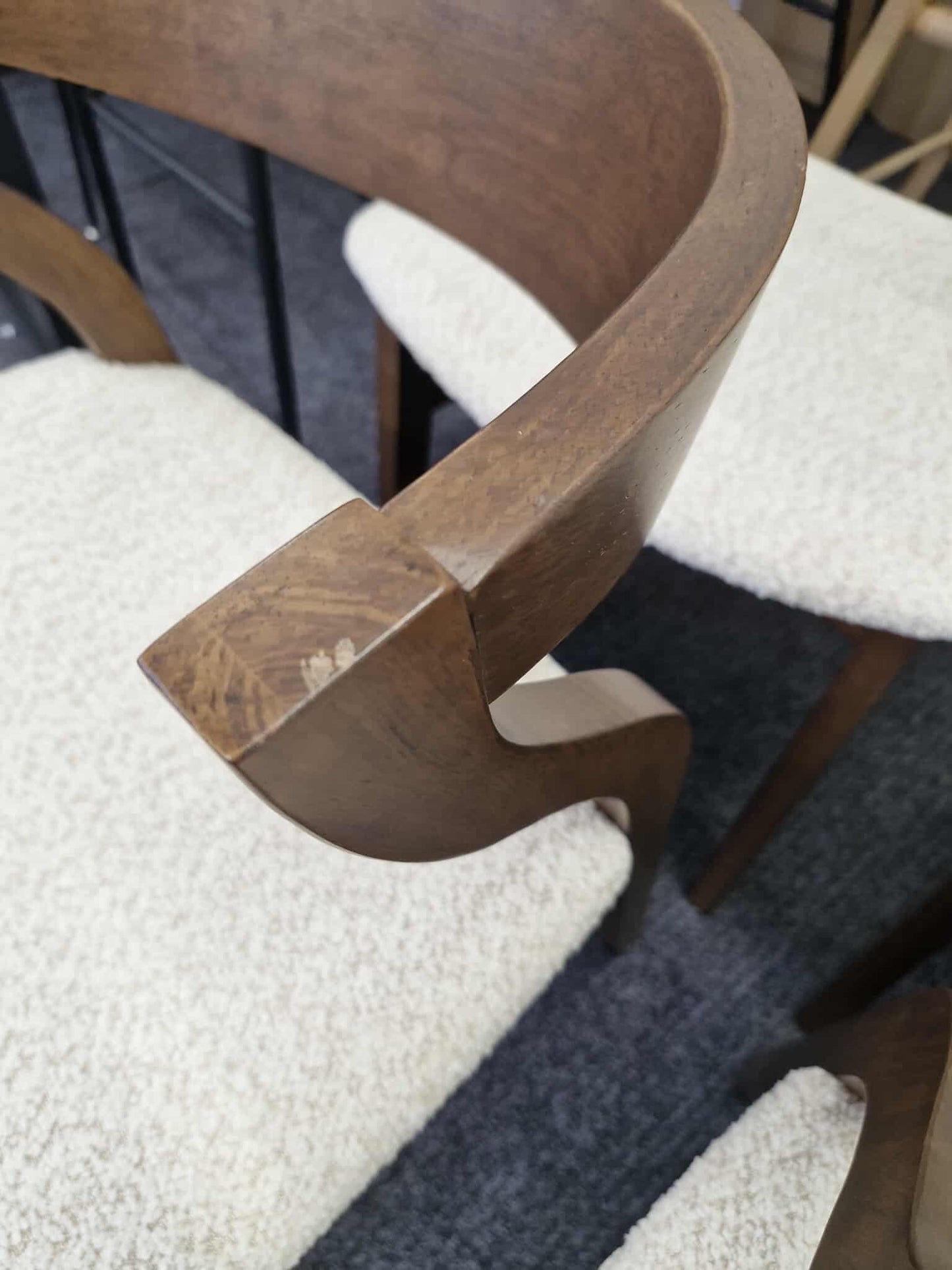 Dark wood and Beige Boucle Dining Chairs / Set of 4
