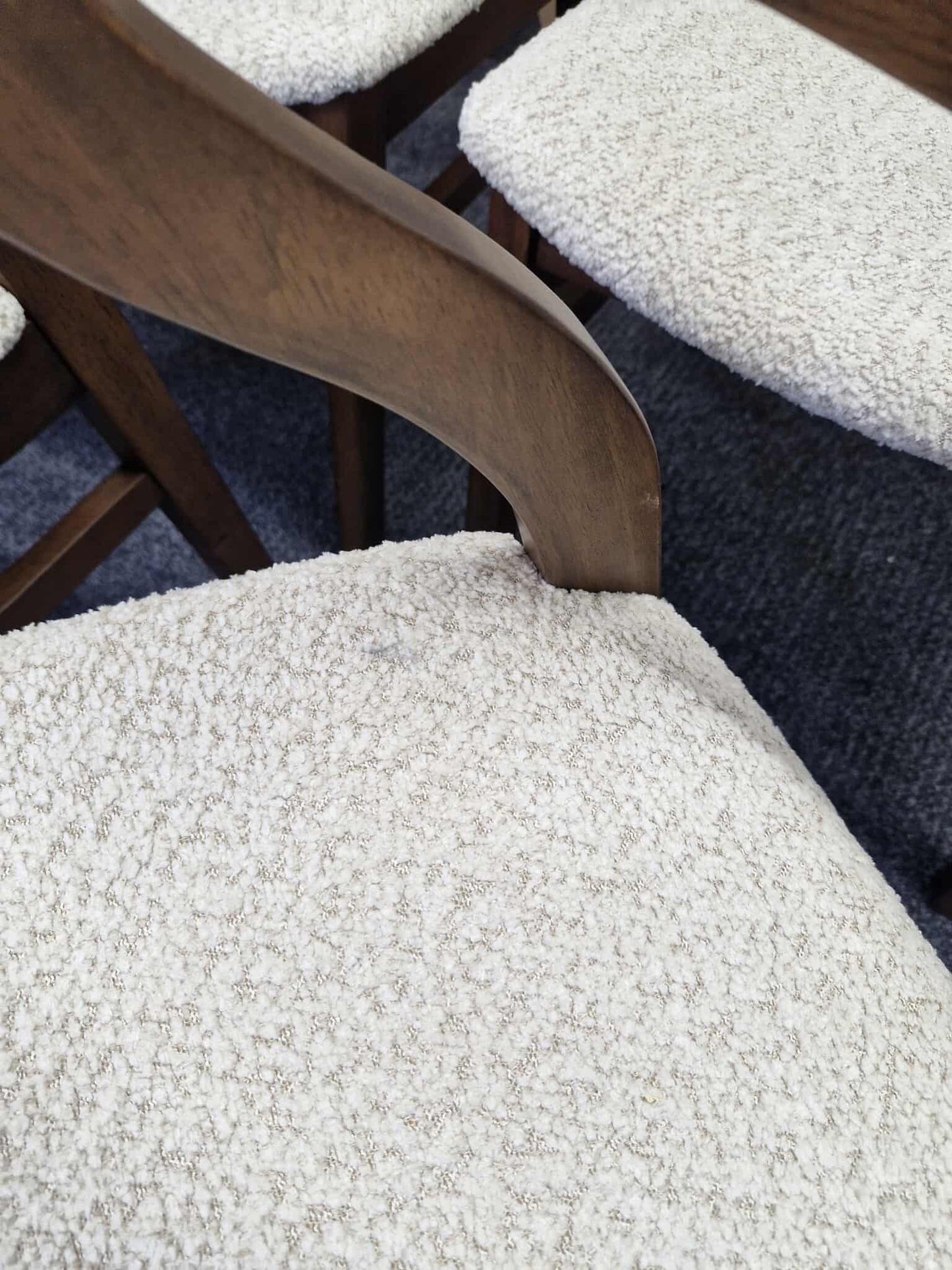 Dark wood and Beige Boucle Dining Chairs / Set of 4