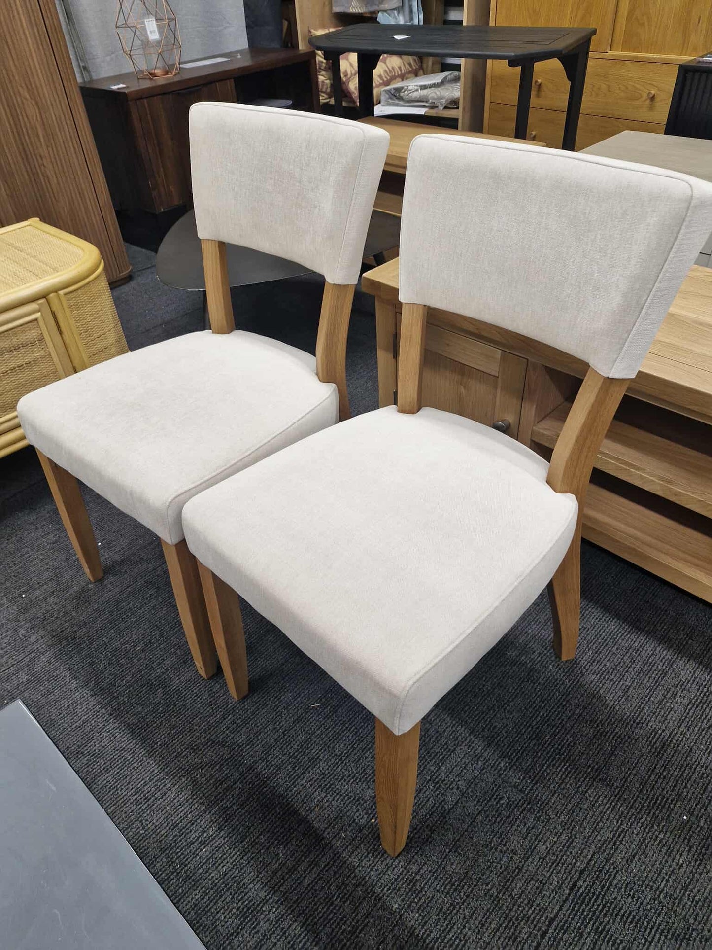 Solid Oak and Natural Fabric Dining Chairs set of 2