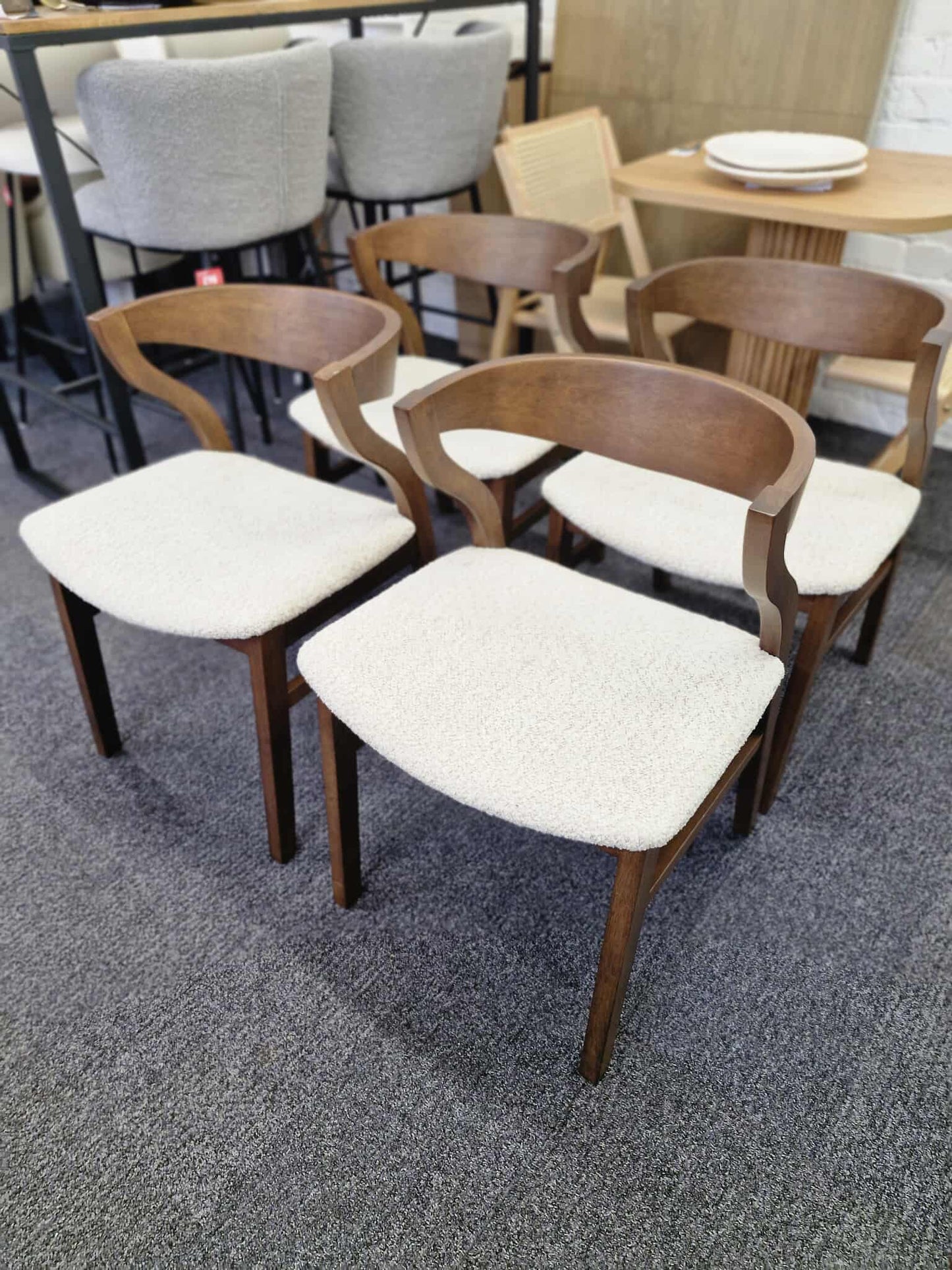 Dark wood and Beige Boucle Dining Chairs / Set of 4