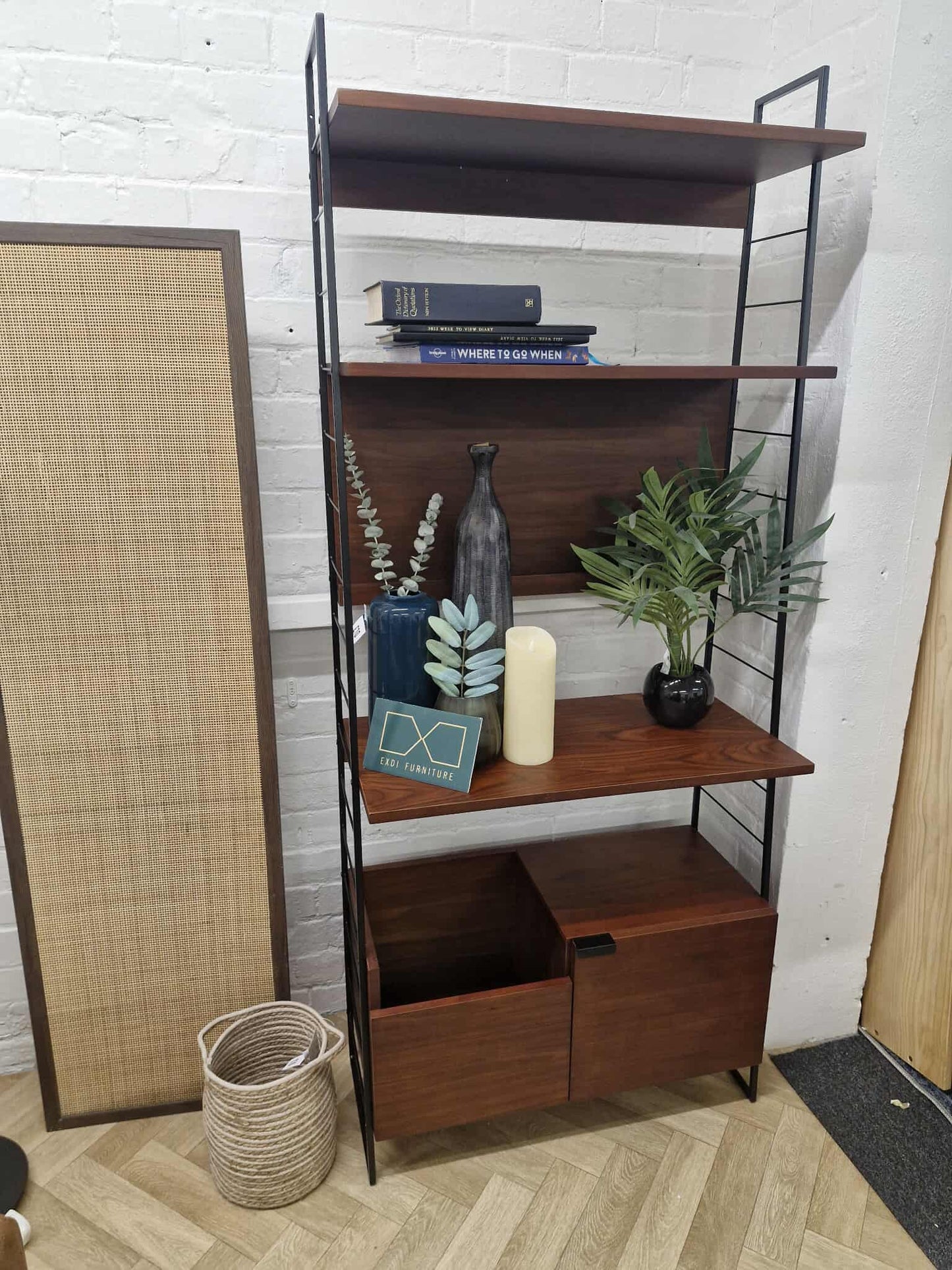 Walnut and Metal Shelving unit with doors and shelves | Vinyl record storage